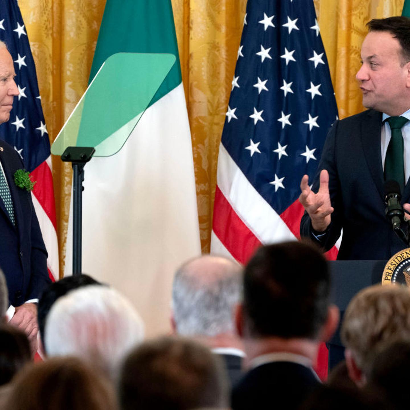 Leo Varadkar, Ireland's prime minister, right, and U.S. President Joe Biden, left, in the East Room of the White House in Washington, DC on Sunday, March 17, 2024.