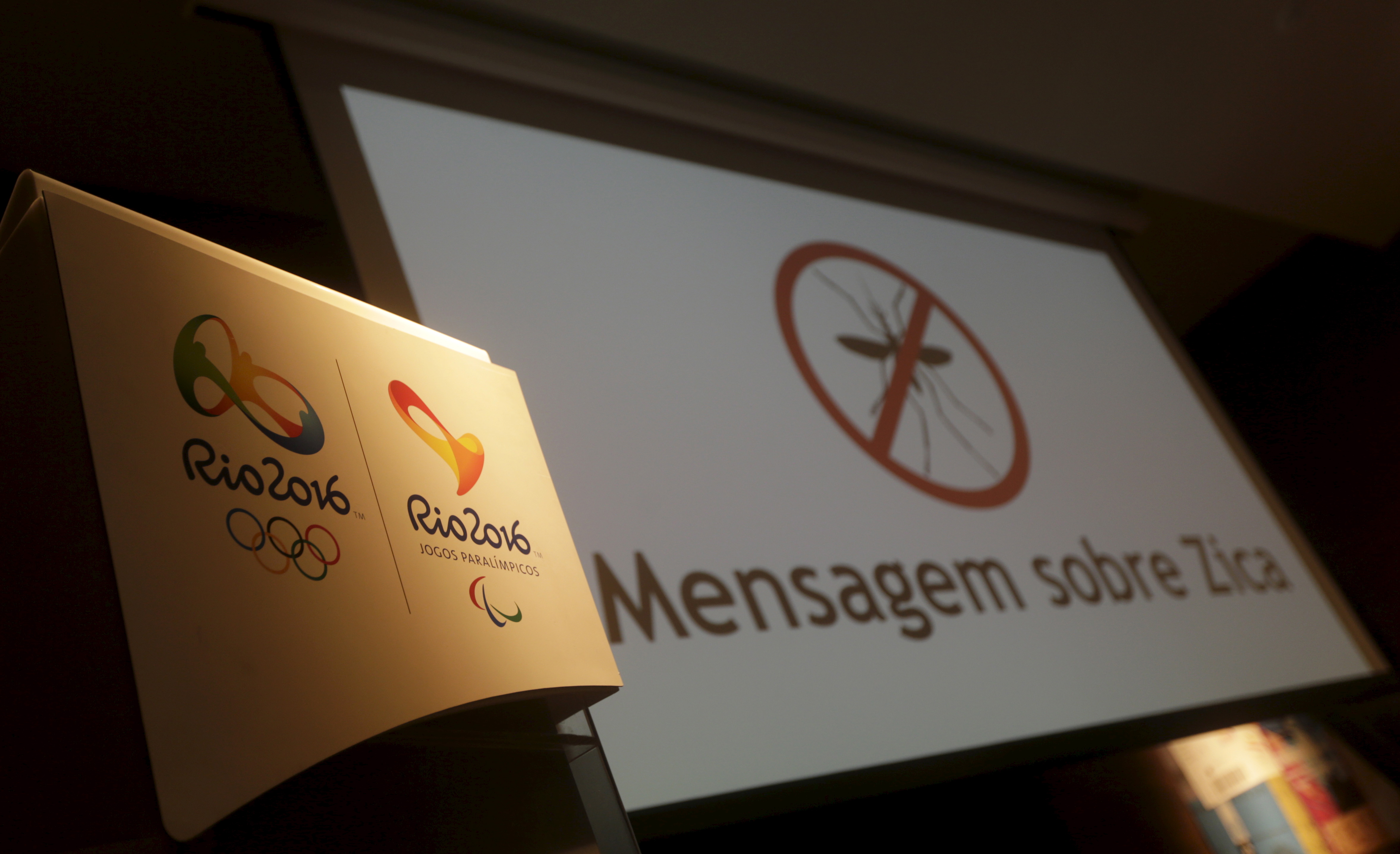The logos of the Rio 2016 Olympic Games and Rio 2016 Paralympic Games are pictured next to a message on a screen that reads "Message about Zika" during a media briefing in Rio de Janeiro, Brazil on Feb. 2, 2016.
