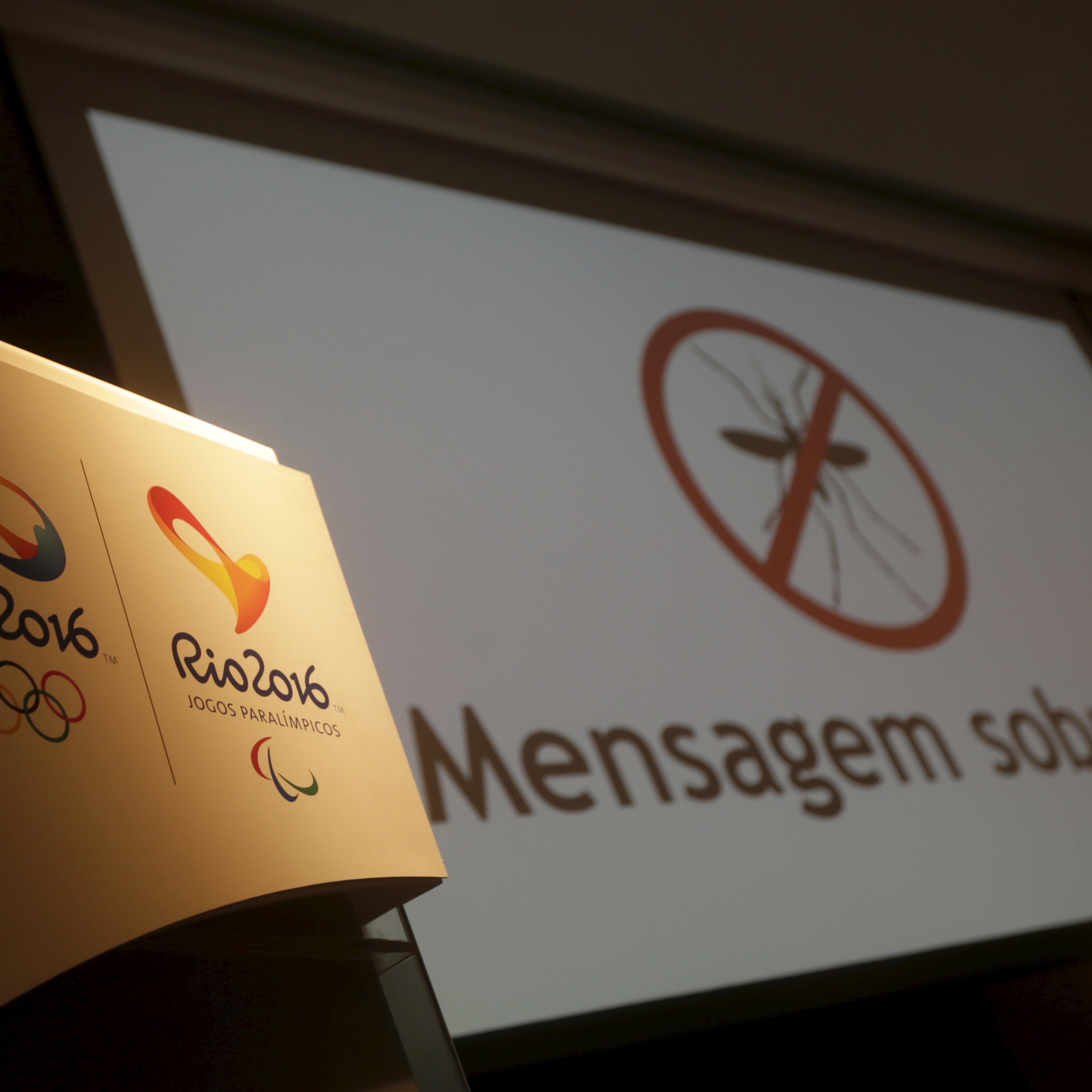 The logos of the Rio 2016 Olympic Games and Rio 2016 Paralympic Games are pictured next to a message on a screen that reads "Message about Zika" during a media briefing in Rio de Janeiro, Brazil on Feb. 2, 2016.