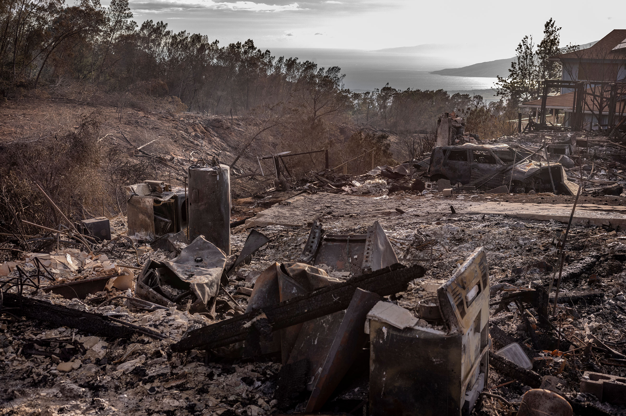 August 12, 2023  Kula, Hawaii  This small hillside town on Maui suffered damage from deadly fires that hit several parts of the island on August 8. Although there were several homes in this neighborhood that burned down, there have not been any reported 