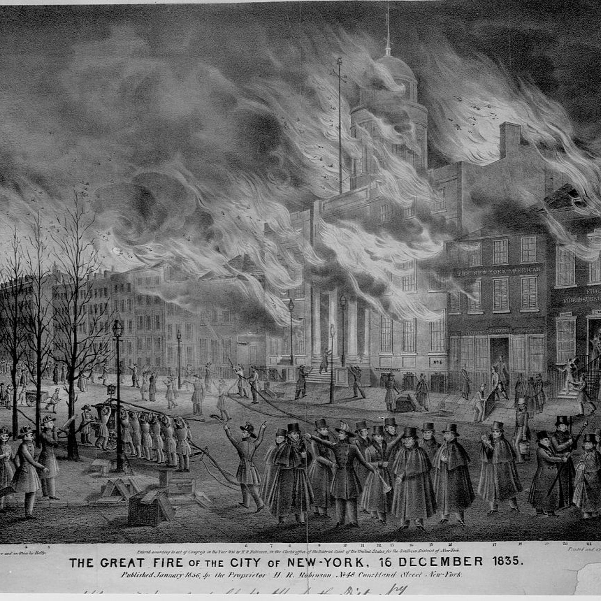 An illustration of the 1835 New York City fire.