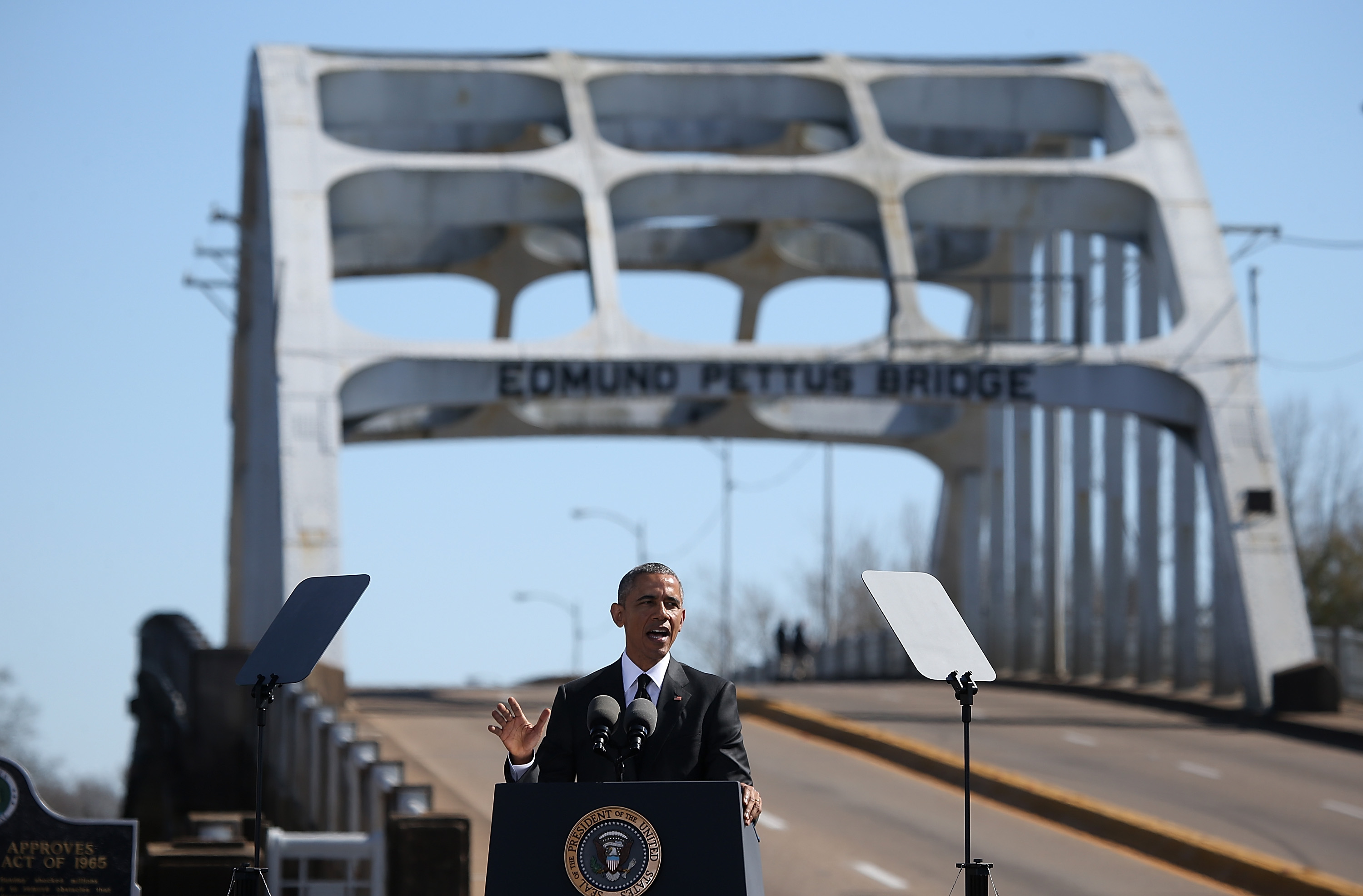 President Barack Obama speaks in front of the Edmund Pettus Bridge on March 7, 2015 in Selma, Alabama.