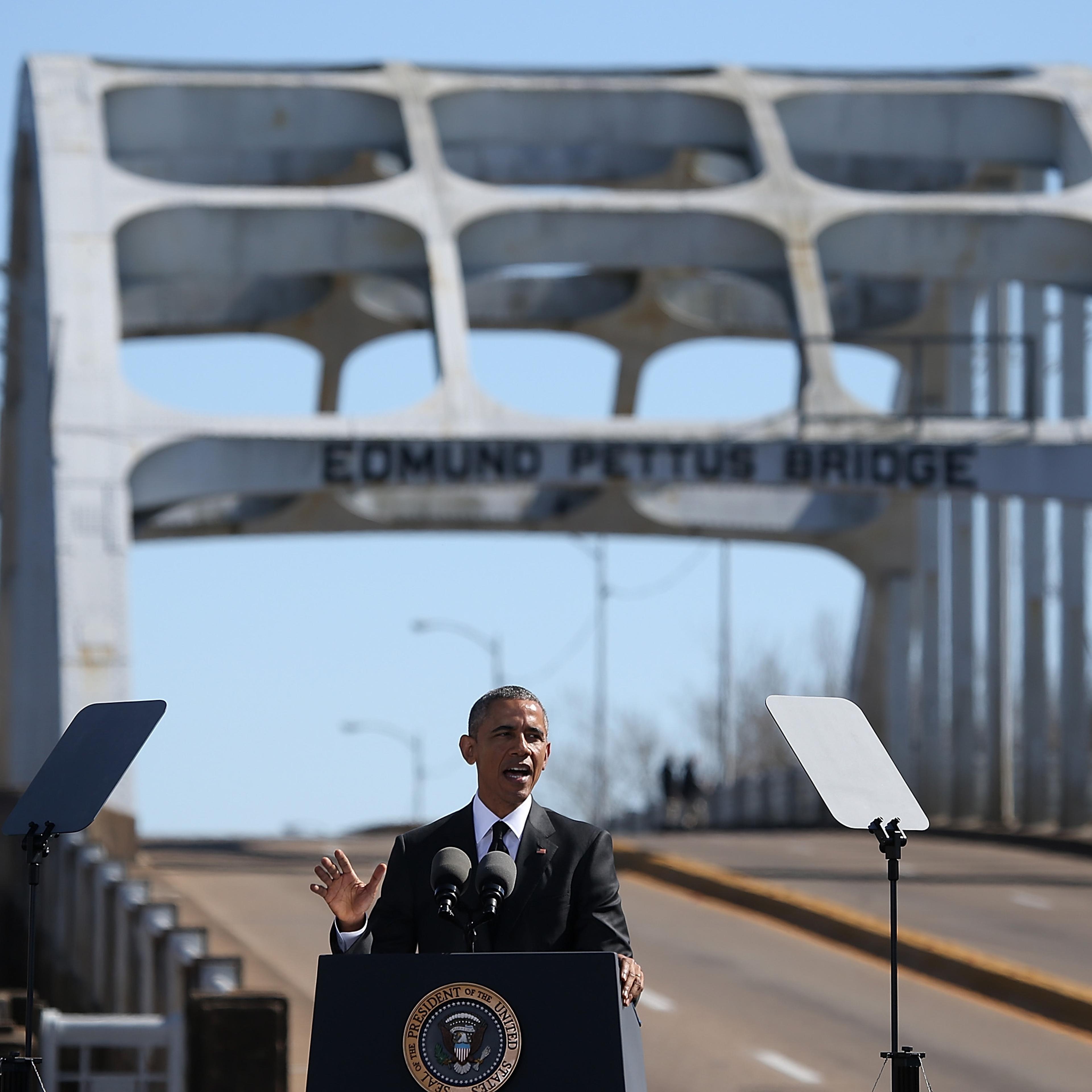 President Barack Obama speaks in front of the Edmund Pettus Bridge on March 7, 2015 in Selma, Alabama.