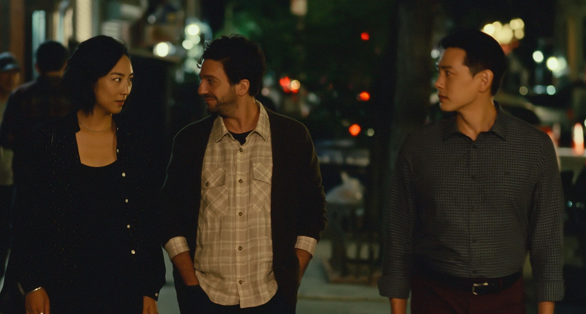 Nora (Greta Lee), Arthur (John Magaro), and Hae Sung (Teo Yoo) stroll through the East Village.