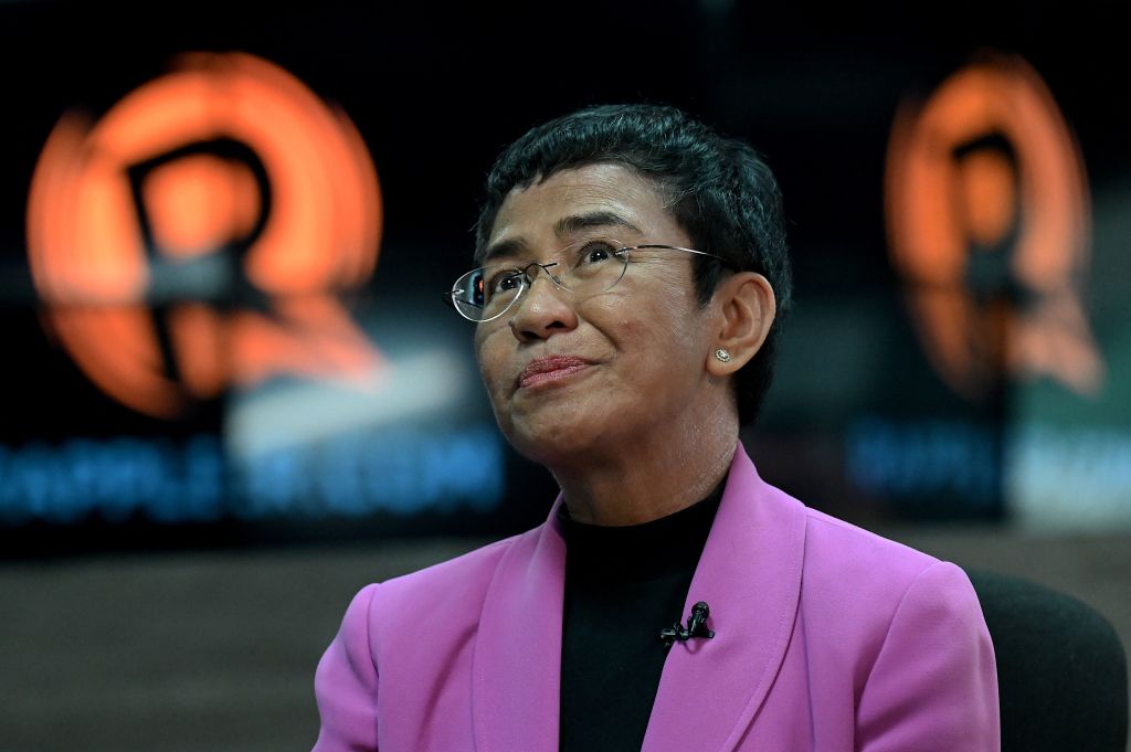 Nobel Laureate Maria Ressa talks during an interview with AFP at Rappler offices in Pasig, Metro Manila on January 18, 2023.