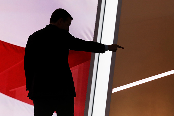Sen. Ted Cruz (R-TX) gestures as he walks off stage after delivering a speech on the third day of the Republican National Convention on July 20, 2016 at the Quicken Loans Arena in Cleveland, Ohio.