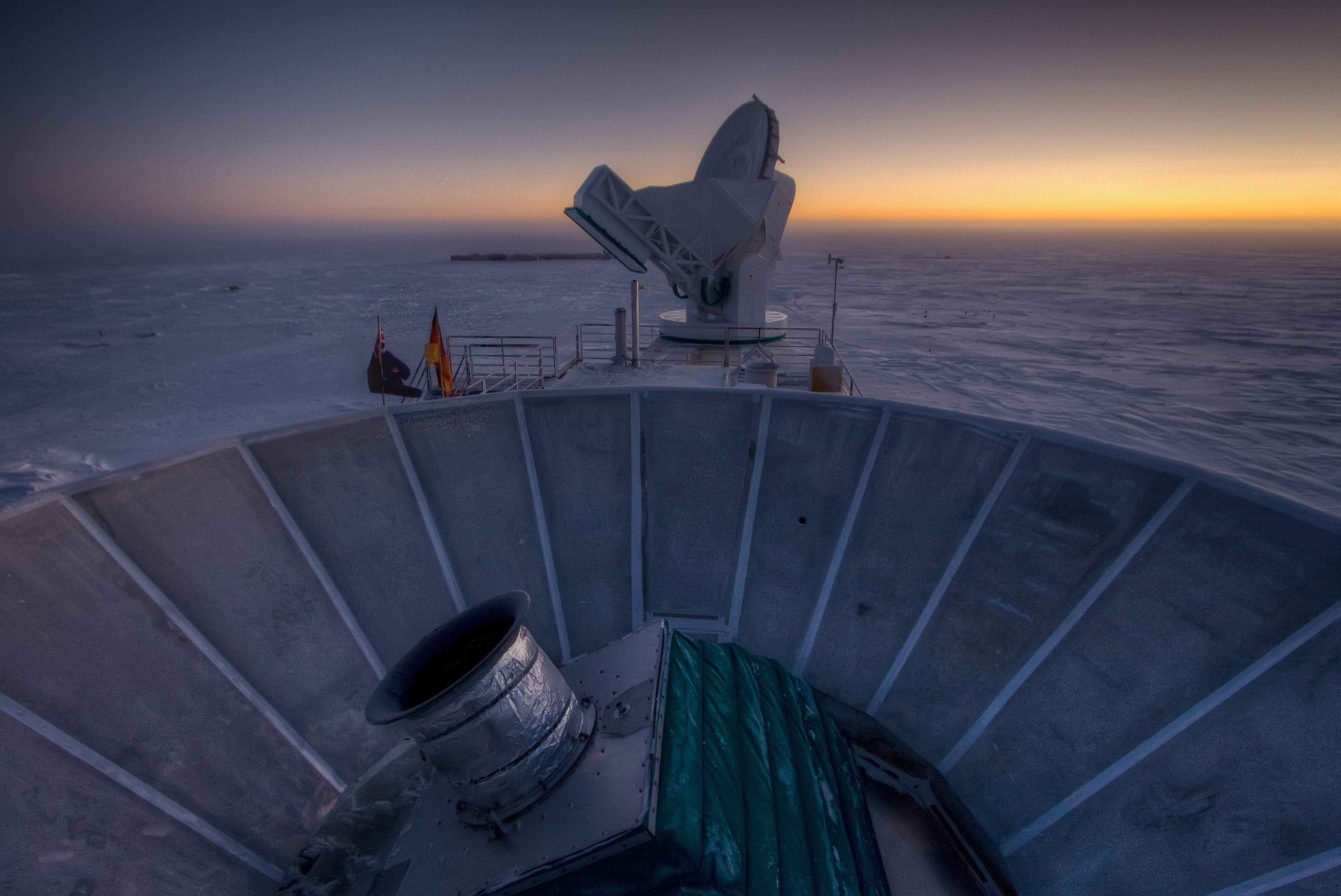 Telescope BICEP2 (in the foreground) and the South Pole Telescope (in the background) in Antarctica, on March 31, 2007.