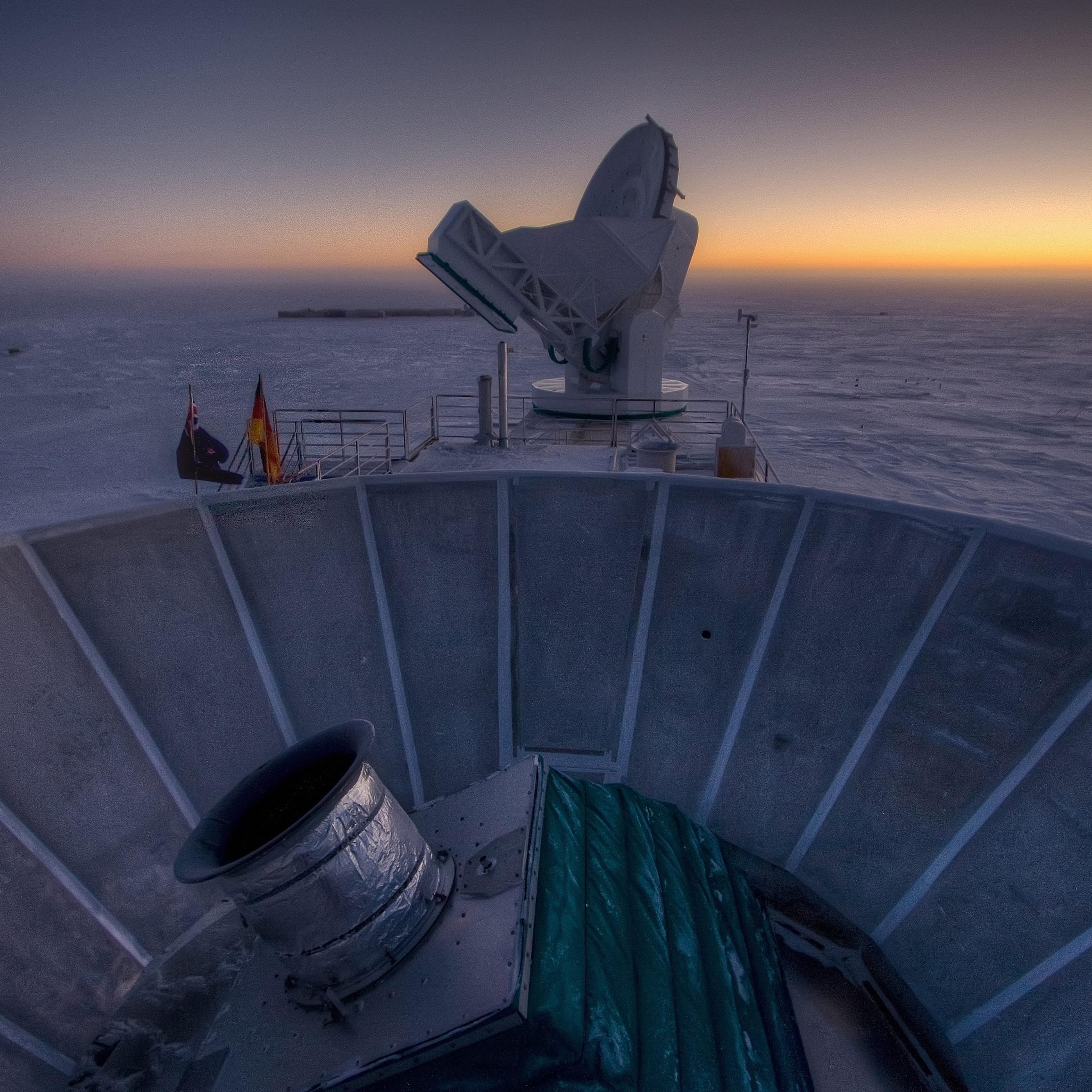 Telescope BICEP2 (in the foreground) and the South Pole Telescope (in the background) in Antarctica, on March 31, 2007.