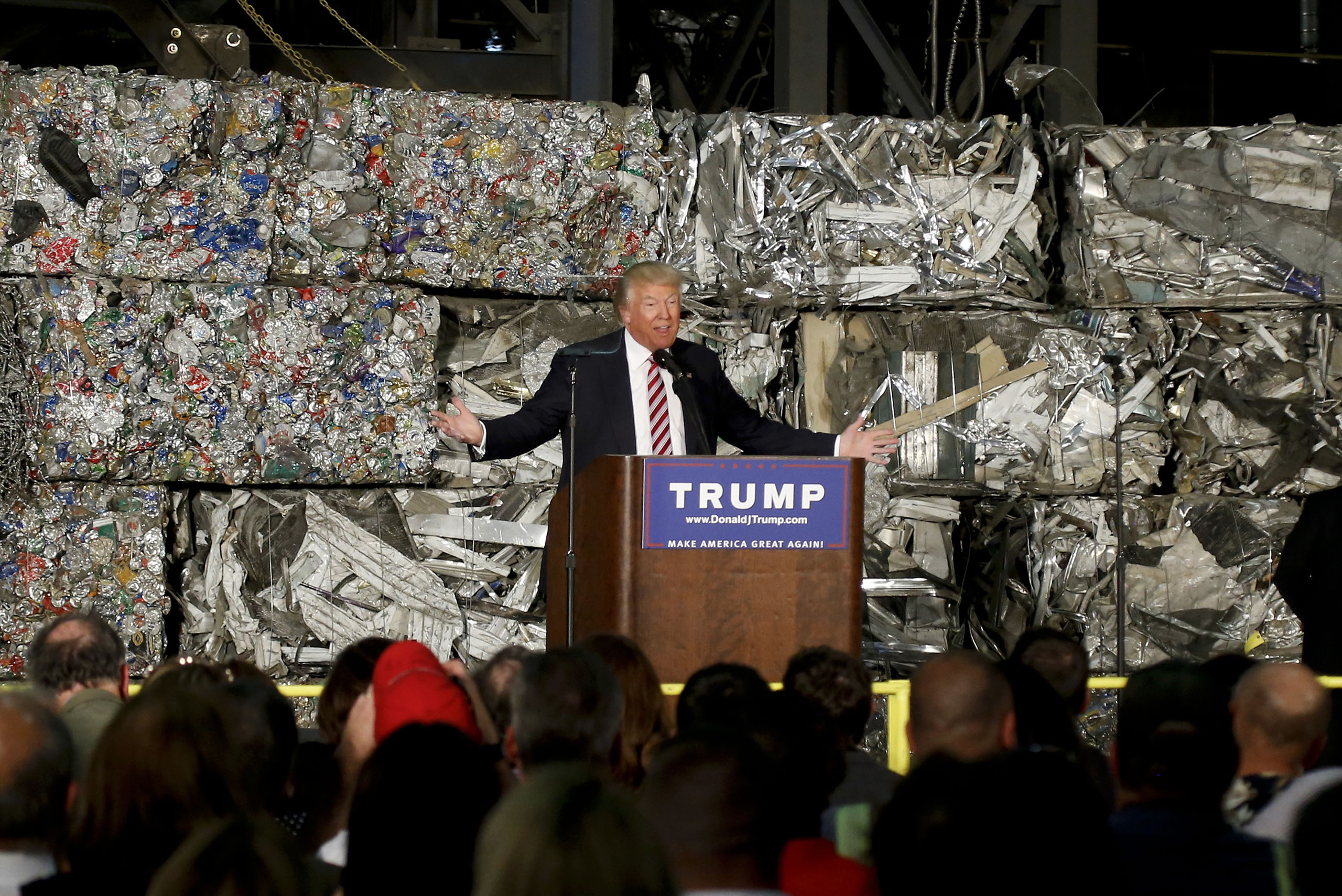 Donald Trump speaks during a campaign stop at Alumisource, a metals recycling facility in Monessen, PA, June 28, 2016.