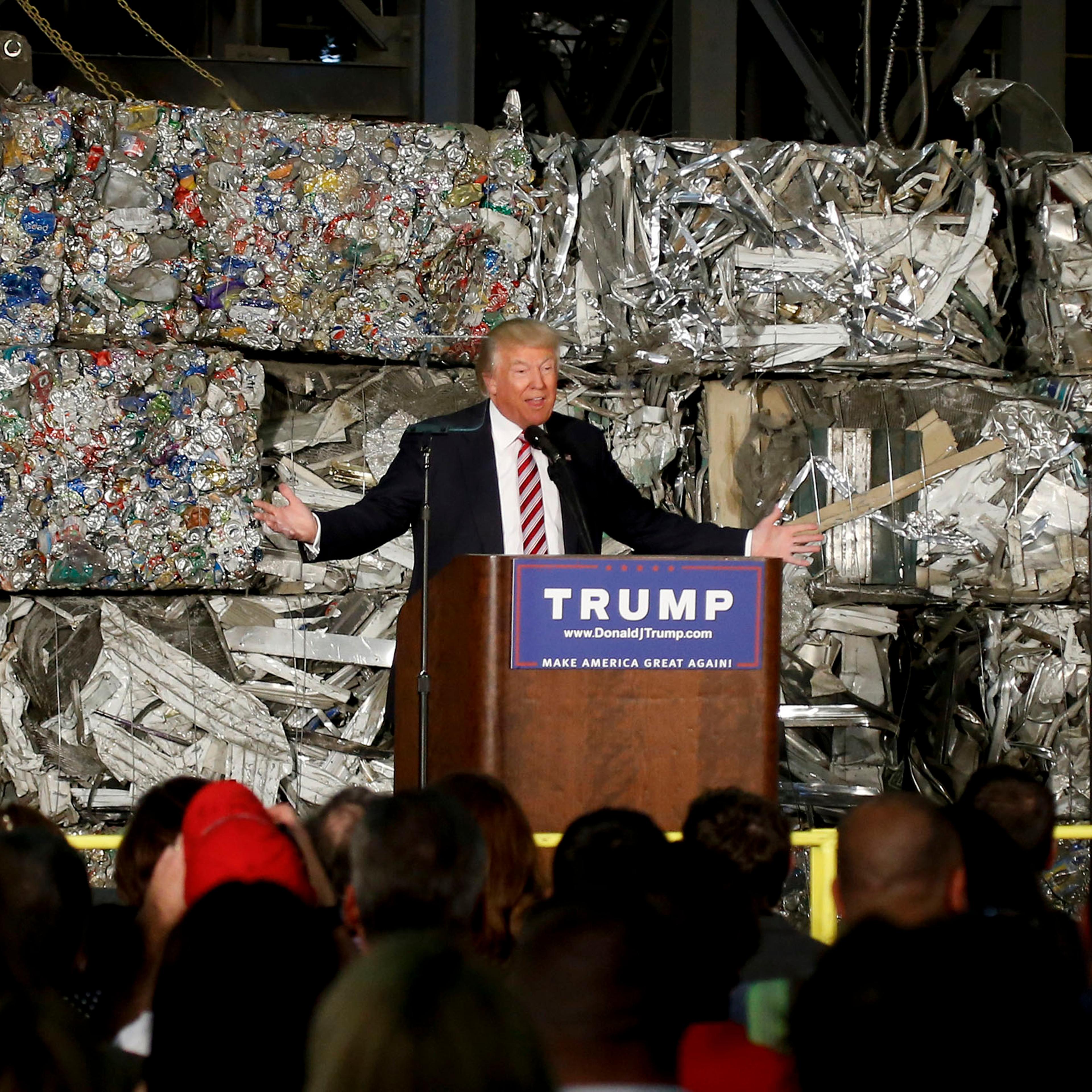 Donald Trump speaks during a campaign stop at Alumisource, a metals recycling facility in Monessen, PA, June 28, 2016.