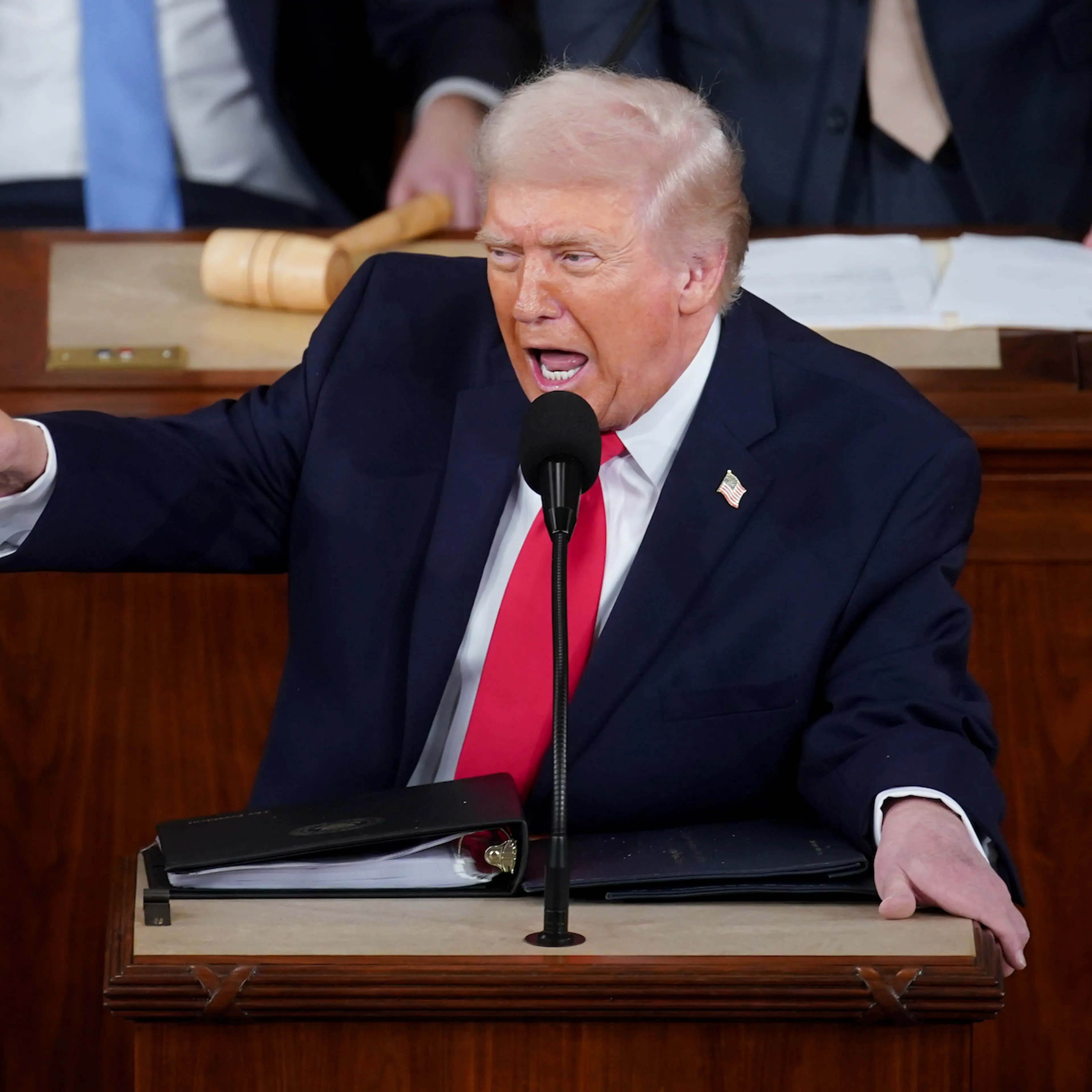 U.S. President Donald Trump speaks during a State of the Union address in the House Chamber of the Capitol in Washington, D.C., on Feb. 24, 2026.