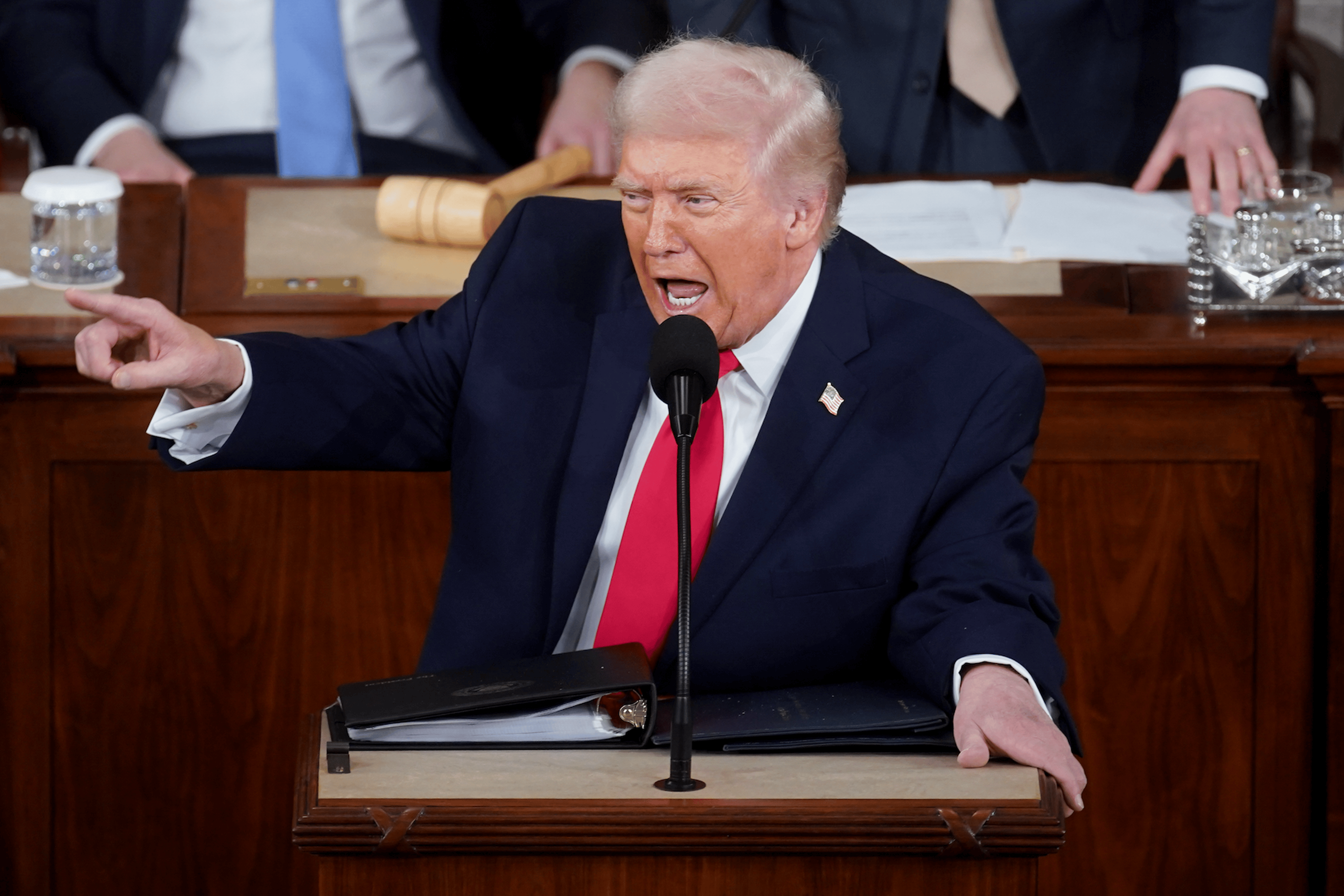 U.S. President Donald Trump speaks during a State of the Union address in the House Chamber of the Capitol in Washington, D.C., on Feb. 24, 2026.