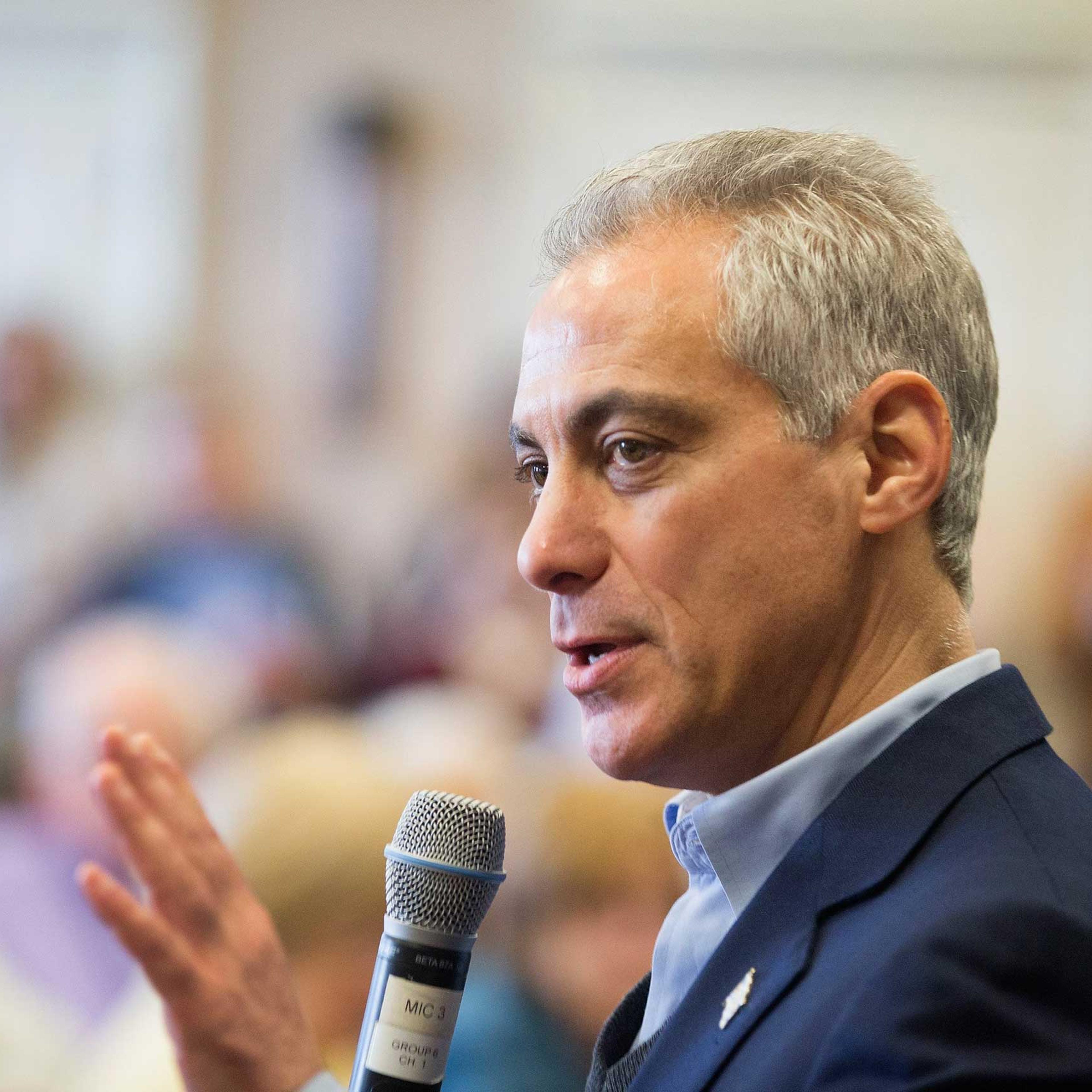 Chicago Mayor Rahm Emanuel talks with residents at a senior living center during a campaign stop on Feb. 23, 2015 in Chicago.