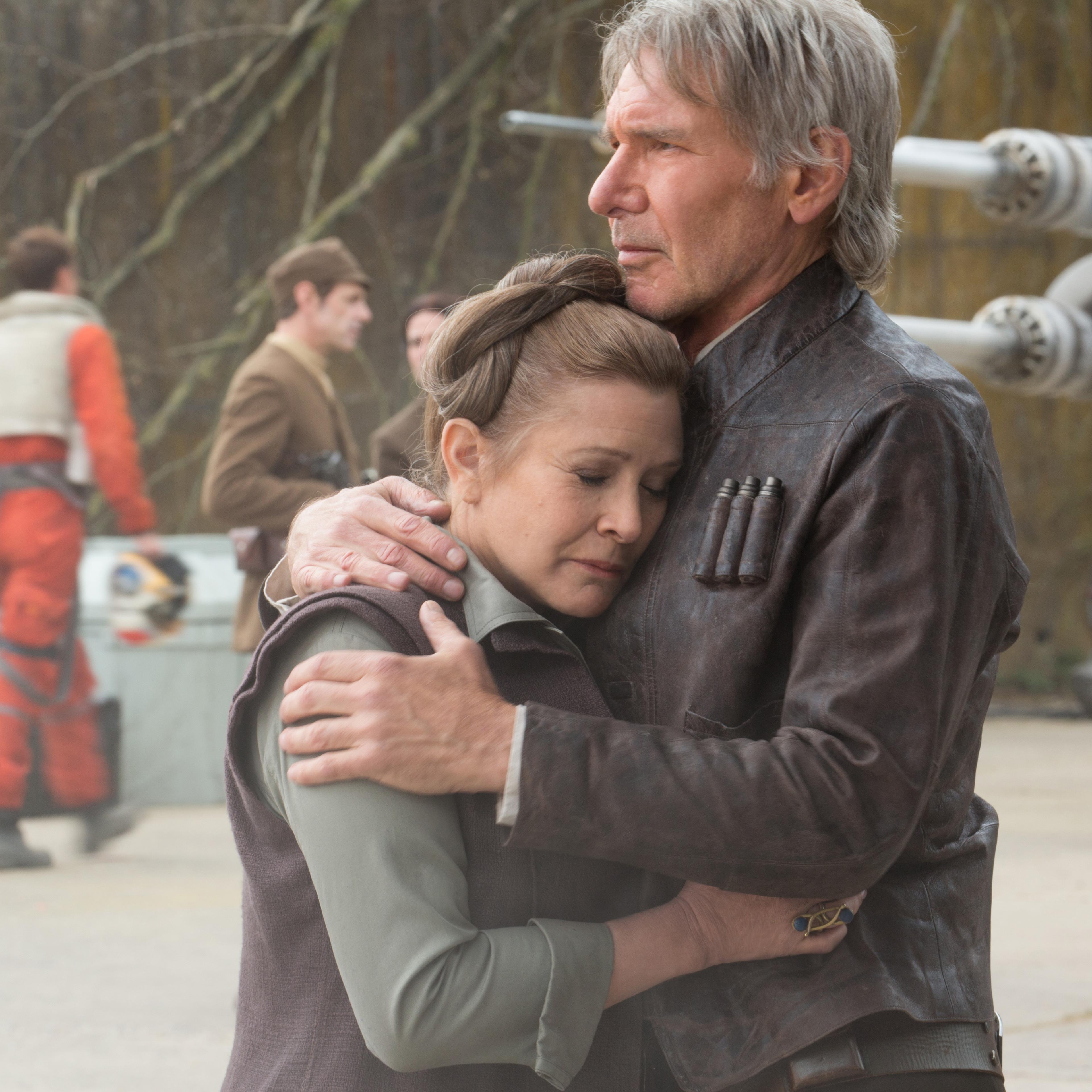 Harrison Ford as Han Solo and Carrie Fisher as General Leia Organa in Star Wars: The Force Awakens.