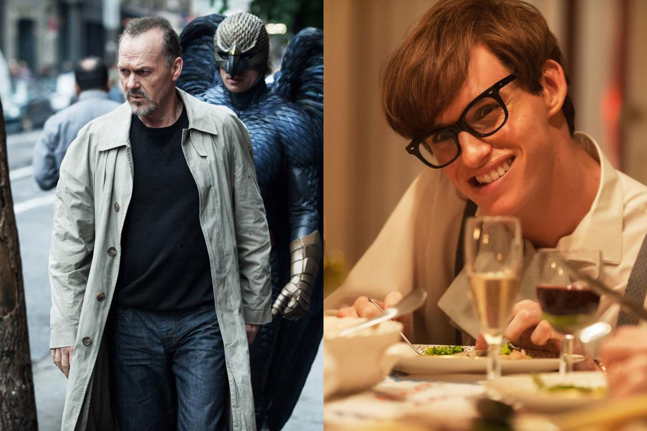 From left: Michael Keaton in <i>Birdman</i>; Eddie Redmayne in <i>The Theory of Everything</i>