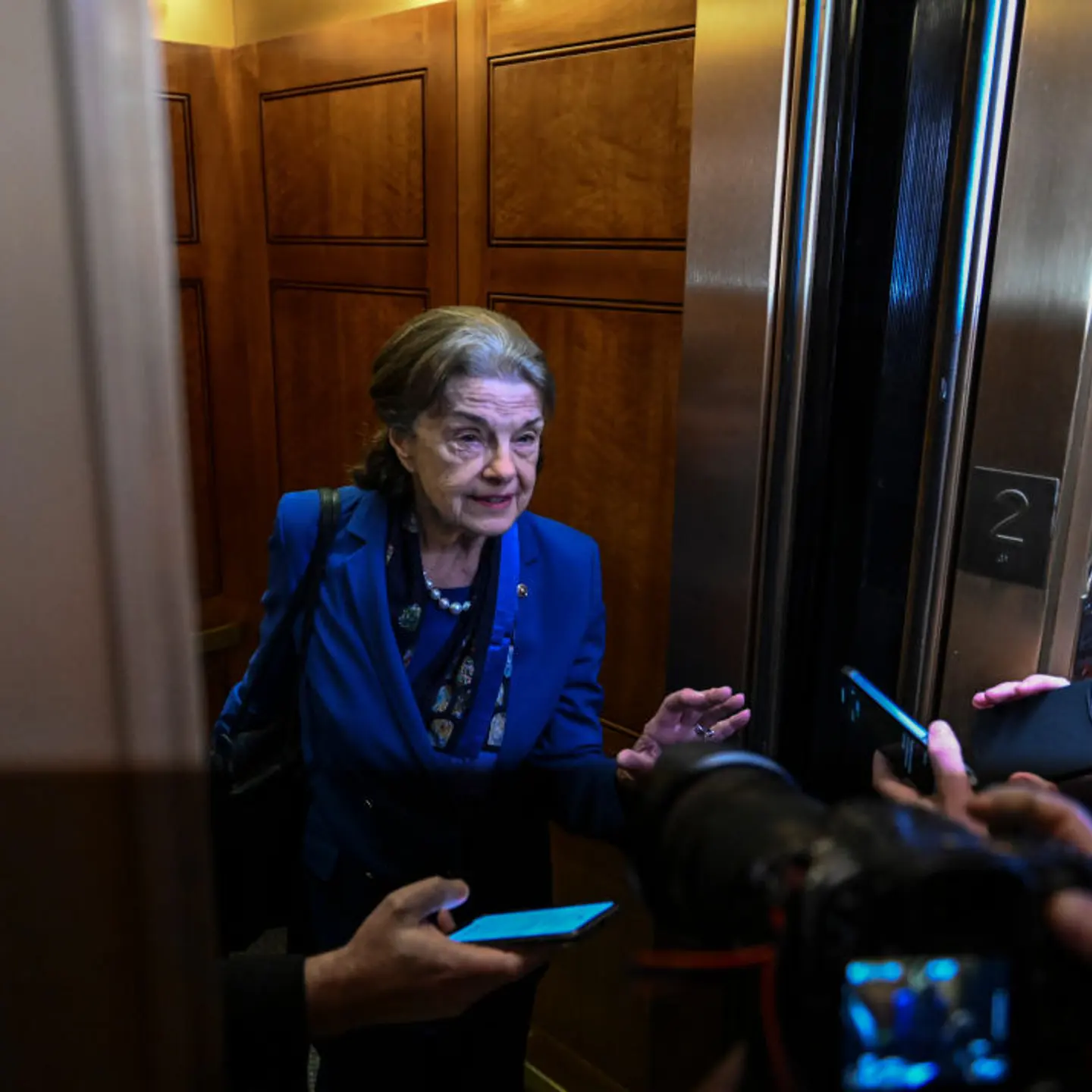 WASHINGTON, DC - FEBRUARY 14: Sen. Dianne Feinstein (D-CA) is m