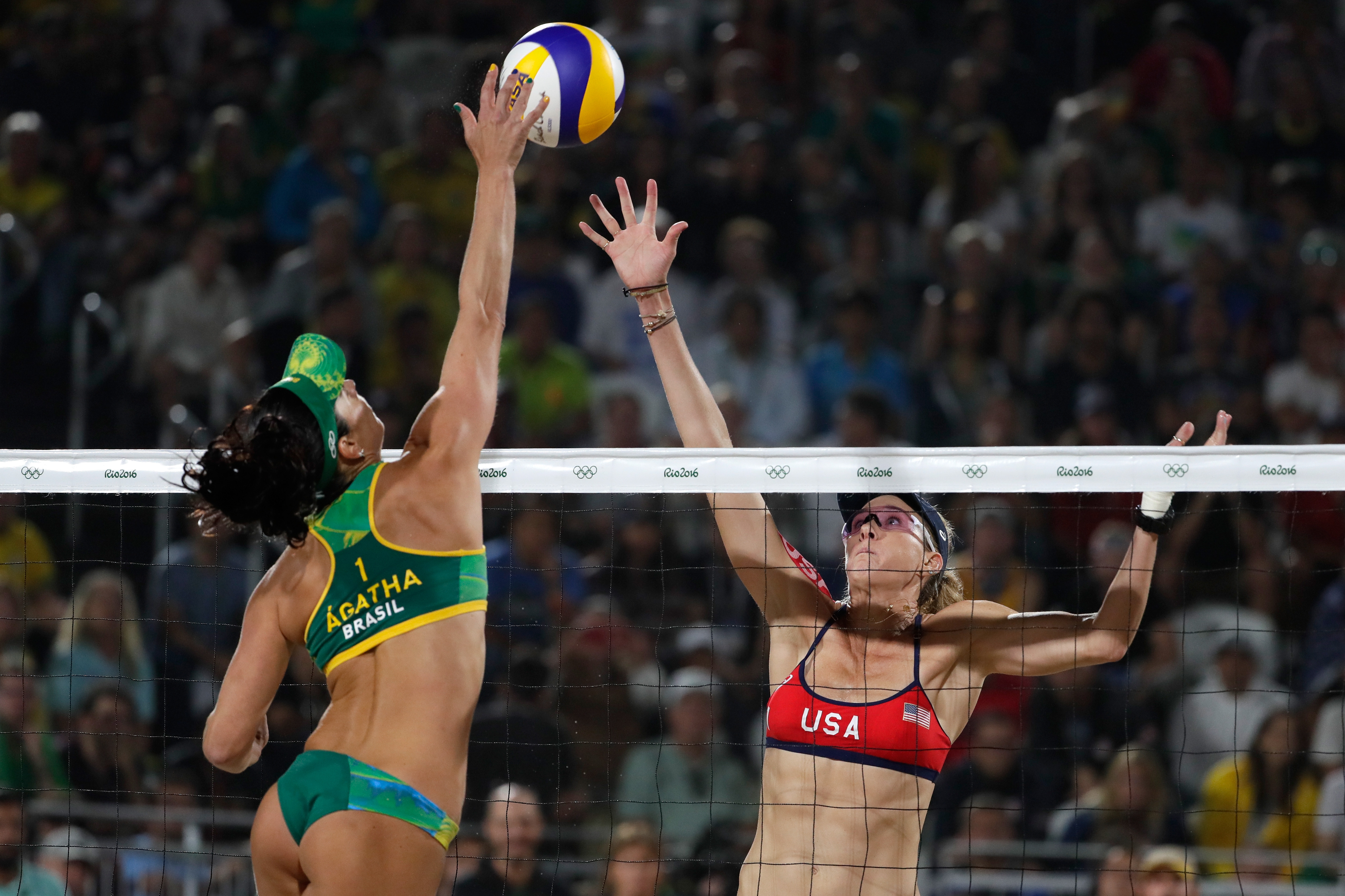 Kerri Walsh Jennings in the beach volleyball Women's Semi final against Agatha Bednarczuk Rippel and Barbara Seixas De Freitas of Brazil on Day 11 of the Rio 2016 Olympic Games at the Beach Volleyball Arena on Aug. 16, 2016.