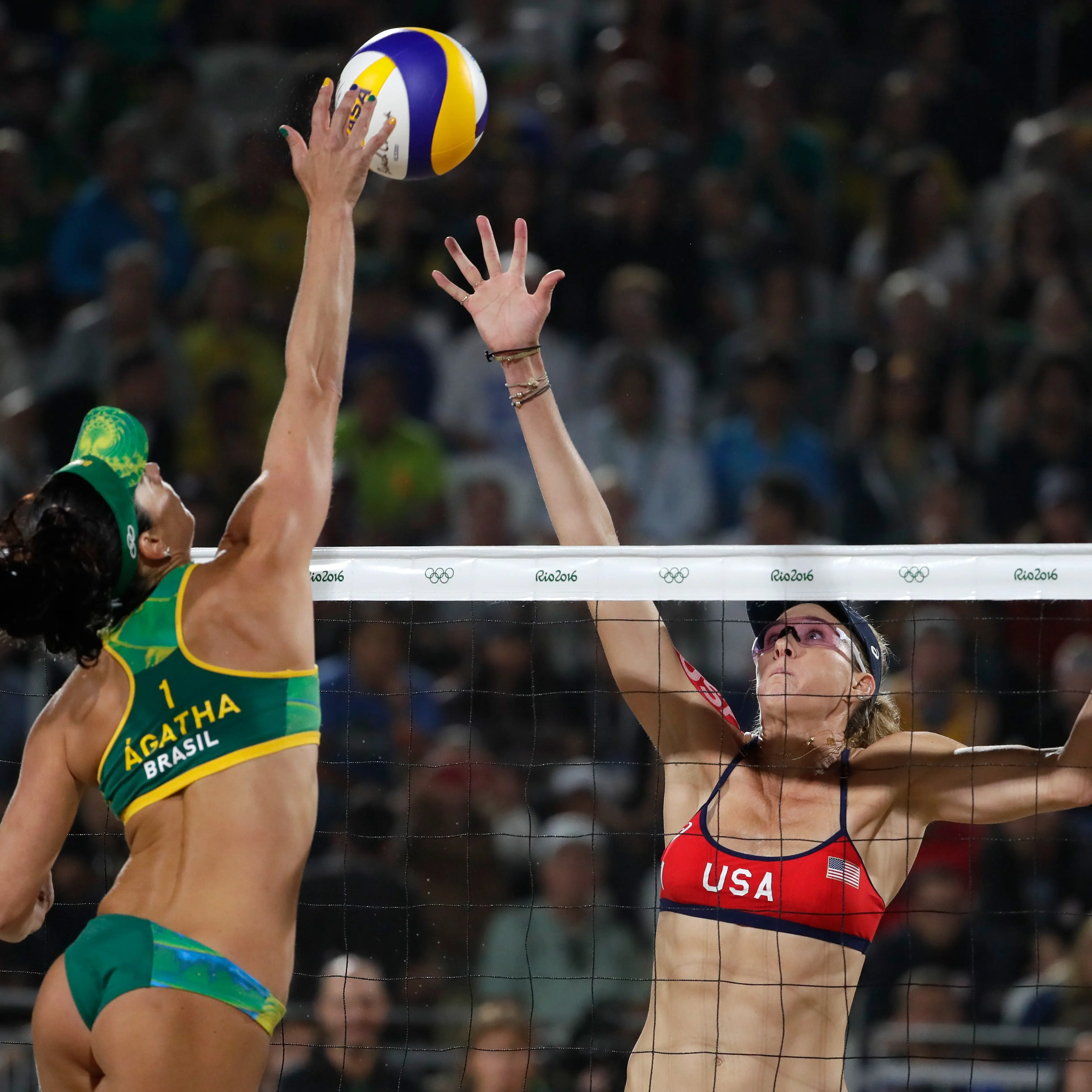Kerri Walsh Jennings in the beach volleyball Women's Semi final against Agatha Bednarczuk Rippel and Barbara Seixas De Freitas of Brazil on Day 11 of the Rio 2016 Olympic Games at the Beach Volleyball Arena on Aug. 16, 2016.