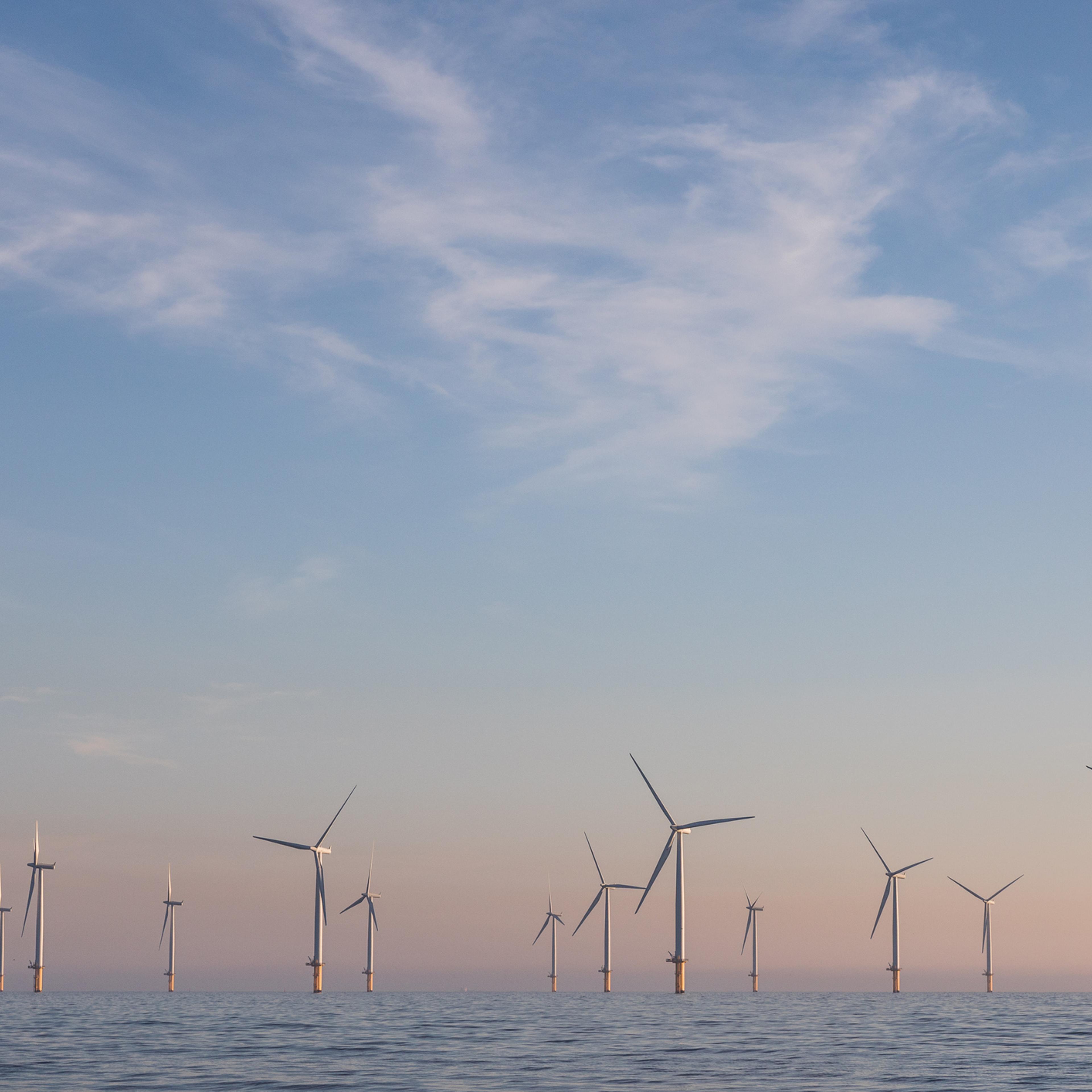 Low angle shot showing an offshore wind farm, Redcar, England, United Kingdom