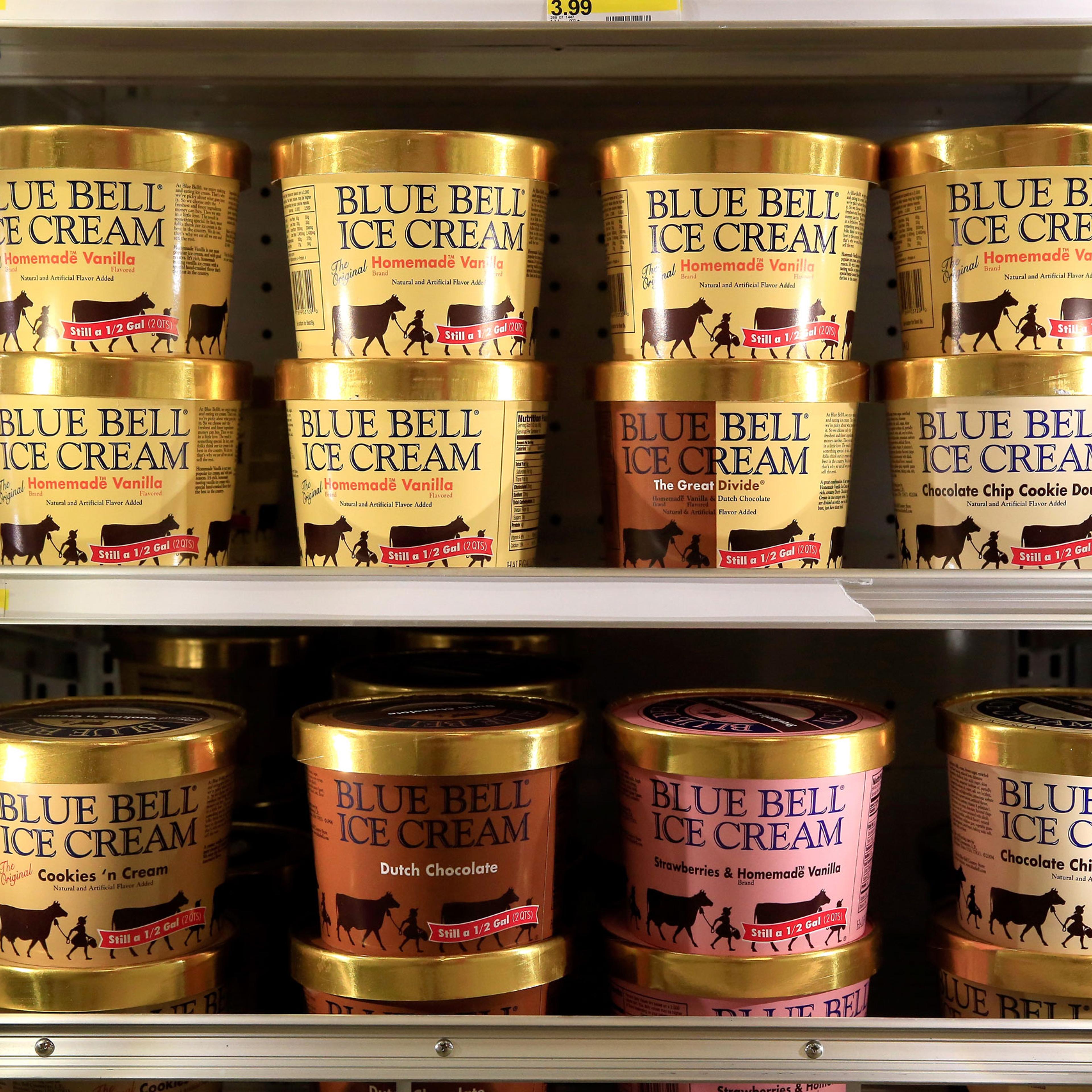 Blue Bell Ice Cream is seen on shelves of a grocery store prior to being removed on April 21, 2015 in Overland Park, Kansas. Blue Bell Creameries recalled all products following a Listeria contamination. (Photo by Jamie Squire/Getty Images)
