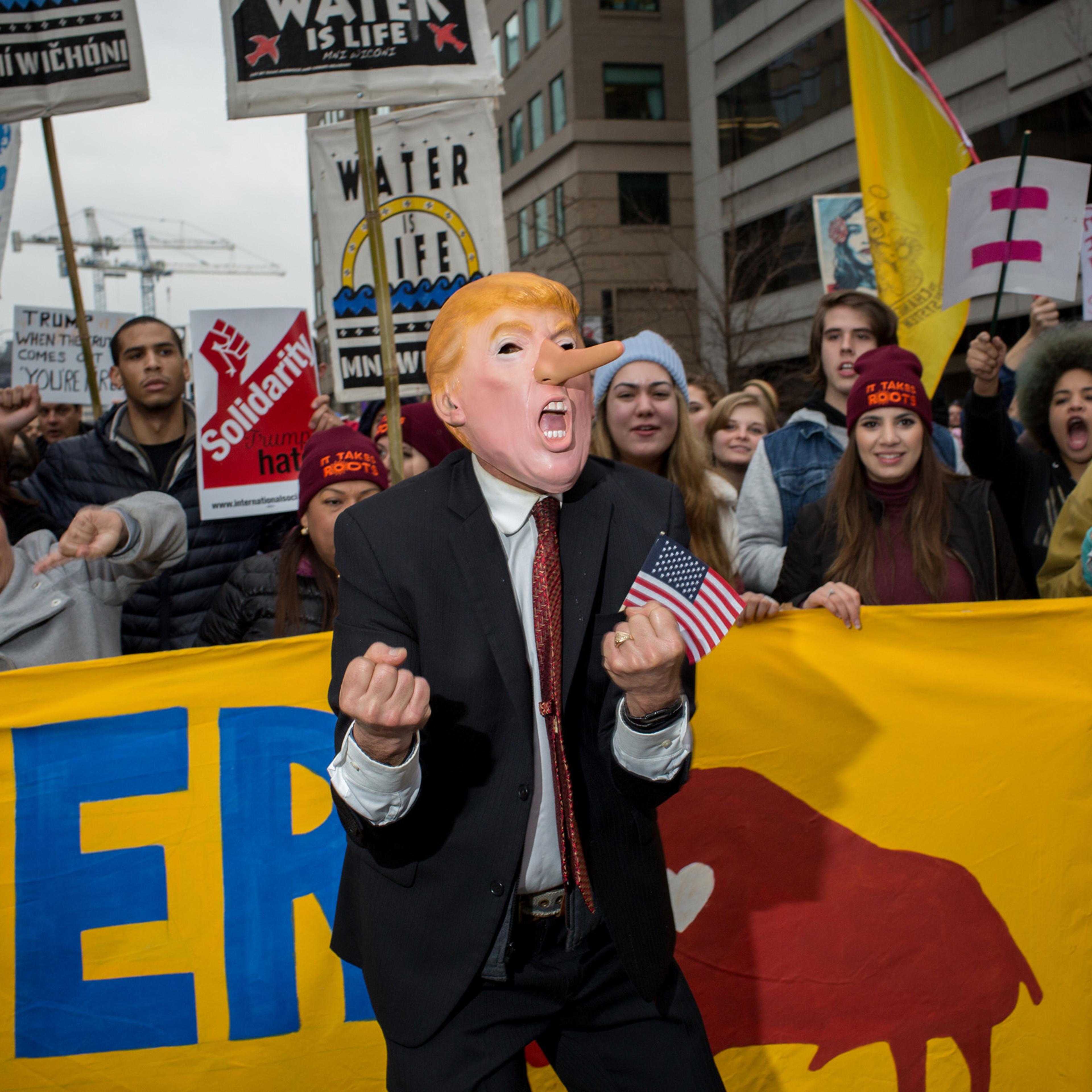 Protesters demonstrate on the streets of DC on Inauguration Day, Jan. 20, 2017.