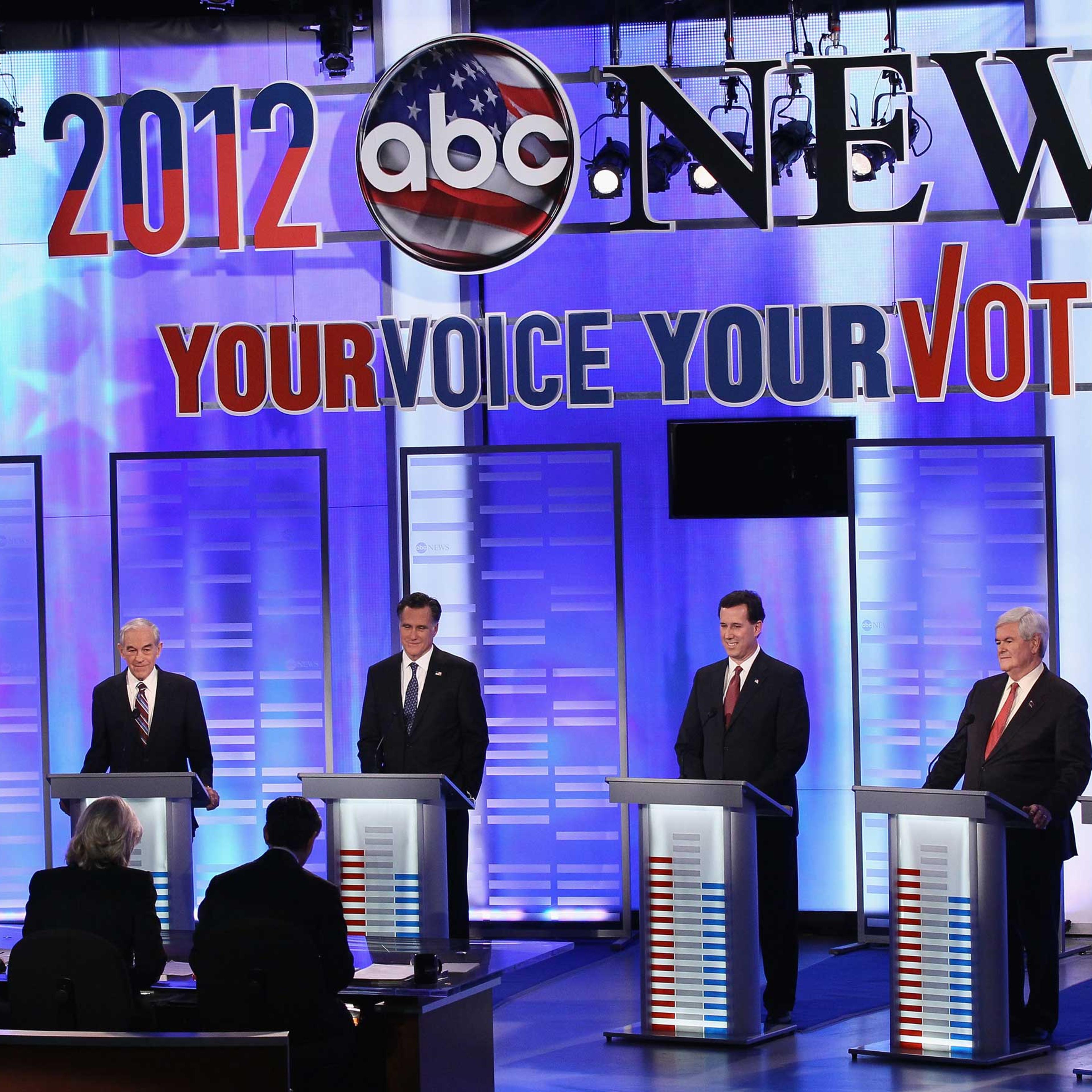 Republican presidential candidates are introduced during the ABC News, Yahoo! News, and WMUR Republican Presidential Debate at Saint Anselm College in Manchester, N.H. on Jan. 7, 2012.