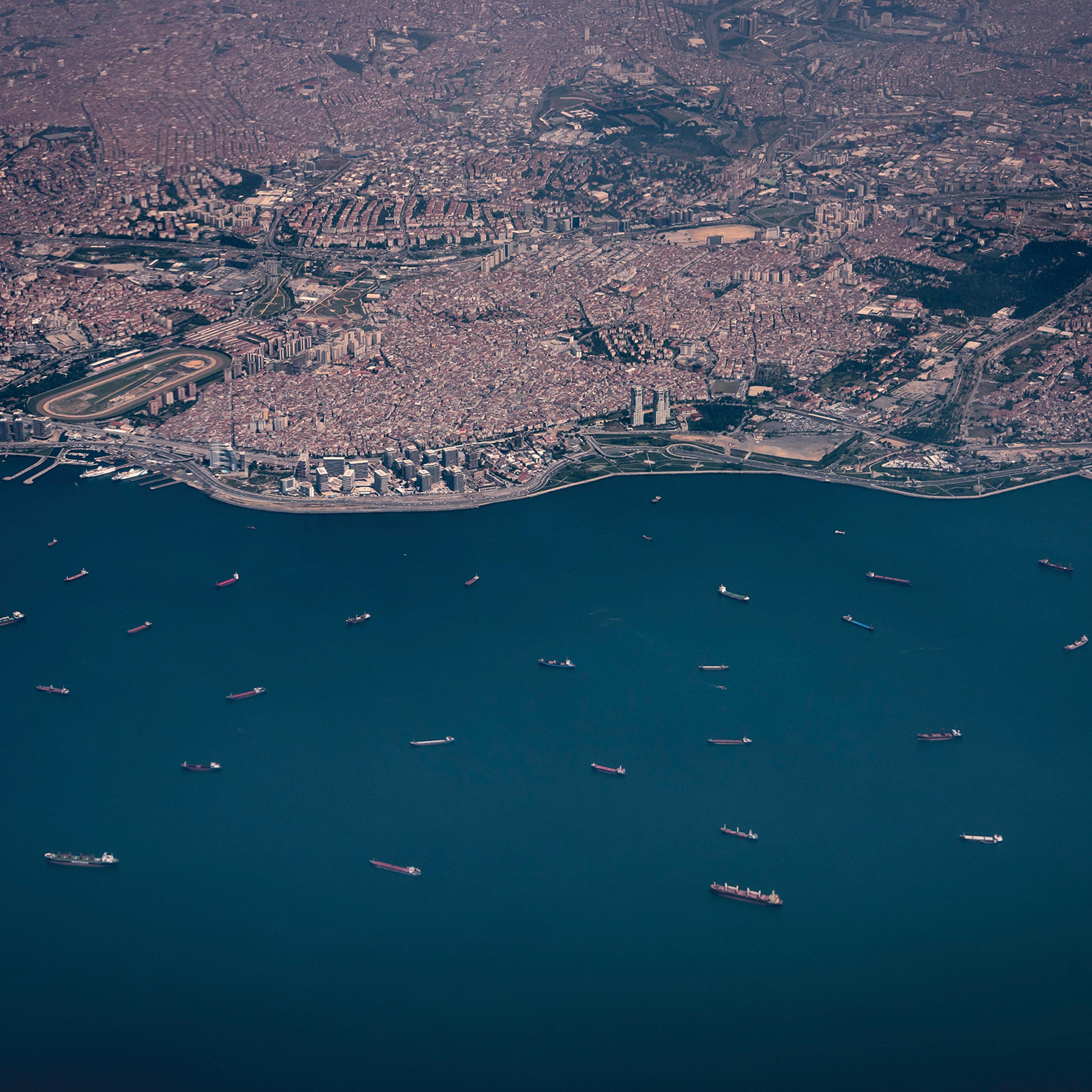 Cargo ships wait for their turn to enter the Bosporus Strait outside Istanbul in June 2018.