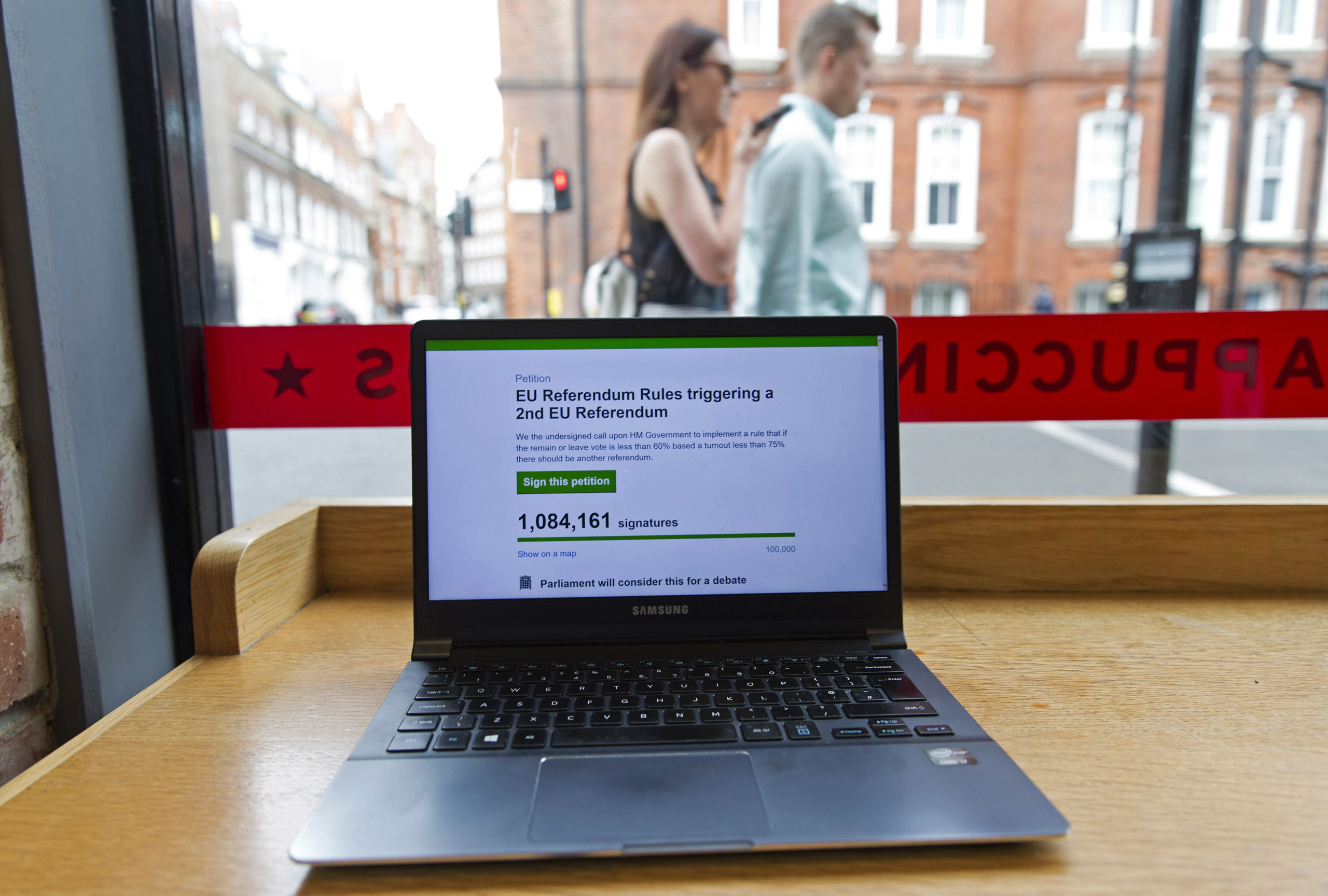 A laptop screen displays a parliamentary petition on the website of the British government, calling for a 2nd UK referendum on the UK's inclusion within the EU, following the pro-Brexit result of the June 23 vote to leave.