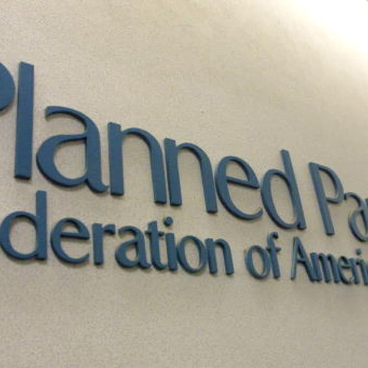 A sign hangs in the offices of the Planned Parenthood Federation of America in New York City.
