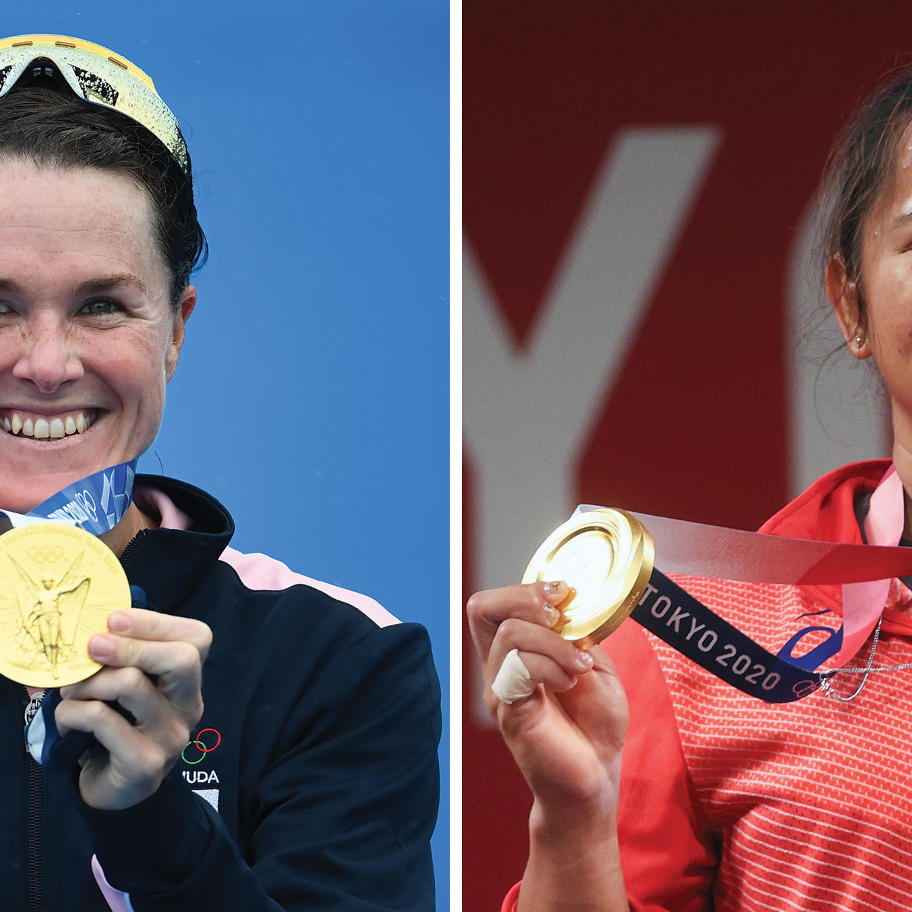 Flora Duffy of Team Bermuda with her gold medal (left) and Hidilyn Diaz of Team Philippines posing with the gold medal.