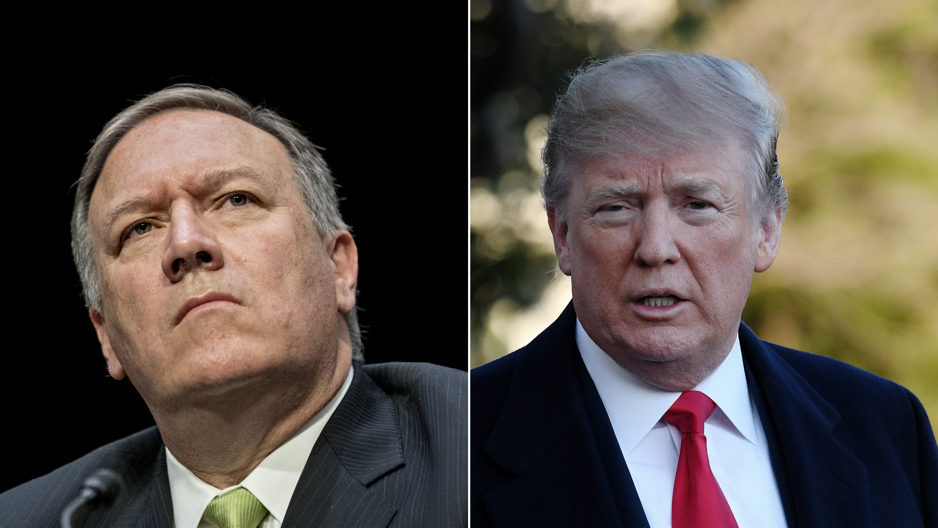 CIA Director Mike Pompeo testifies during a Senate Intelligence Committee hearing on Capitol Hill in Washington, DC, February 13, 2018; President Donald Trump answers questions from the media as he departs the White House toward Marine One in Washington, DC on March 10, 2018.