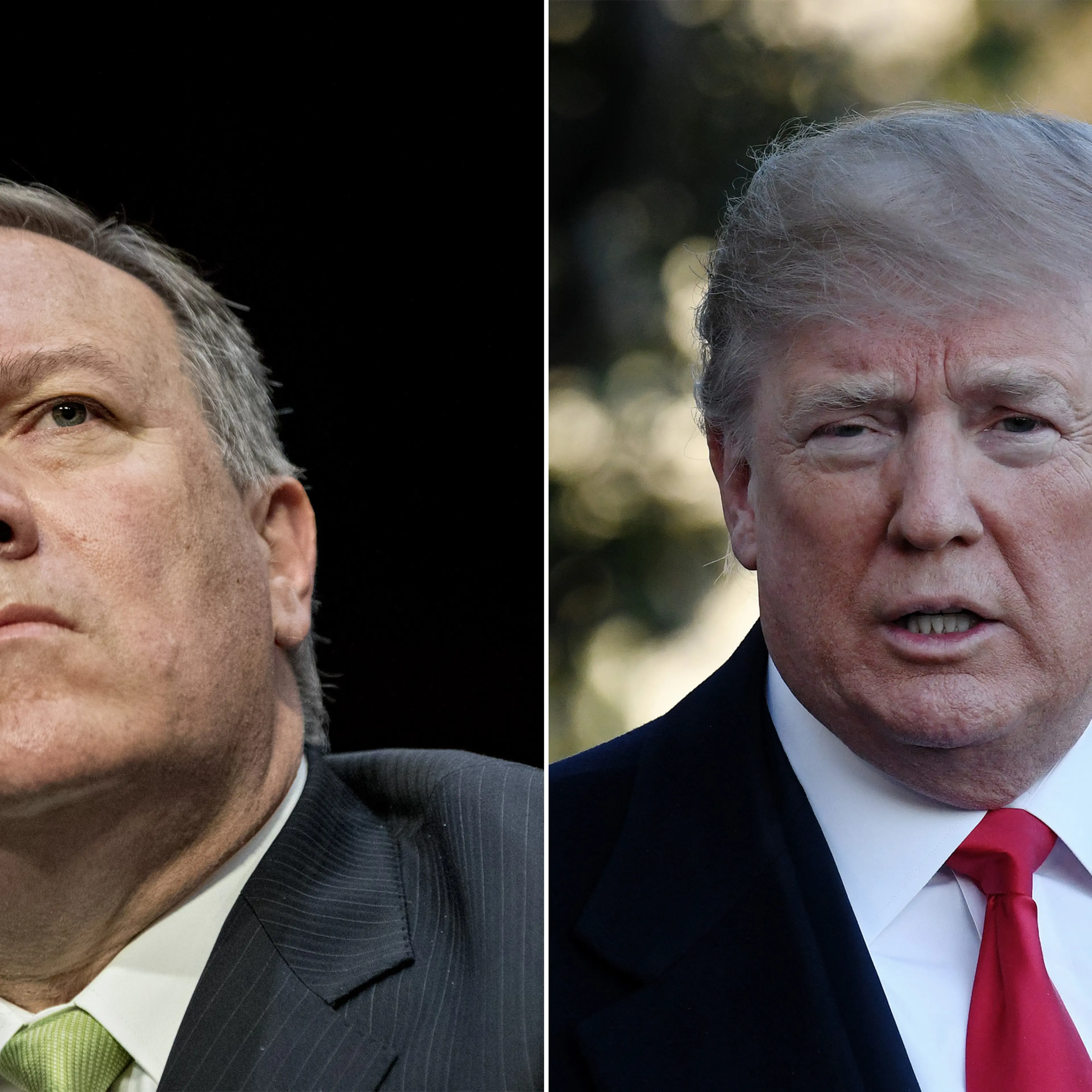 CIA Director Mike Pompeo testifies during a Senate Intelligence Committee hearing on Capitol Hill in Washington, DC, February 13, 2018; President Donald Trump answers questions from the media as he departs the White House toward Marine One in Washington, DC on March 10, 2018.