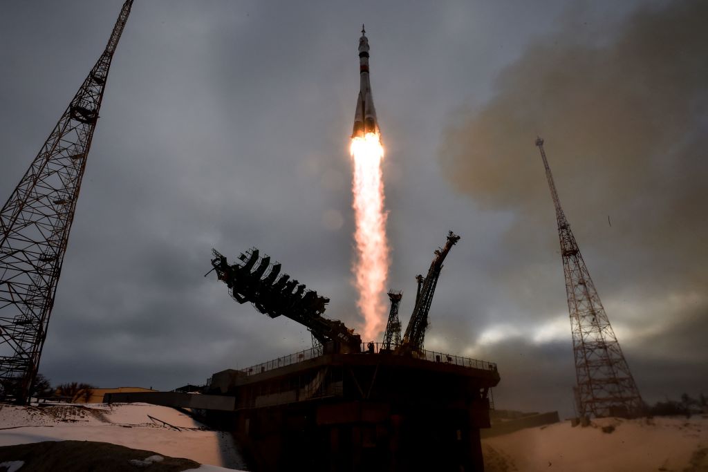 The Soyuz MS-20 spacecraft carrying the crew of Russian cosmonaut Alexander Misurkin, Japanese billionaire Yusaku Maezawa and his production assistant Yozo Hirano blasts off to the International Space Station (ISS) from the Moscow-leased Baikonur cosmodr