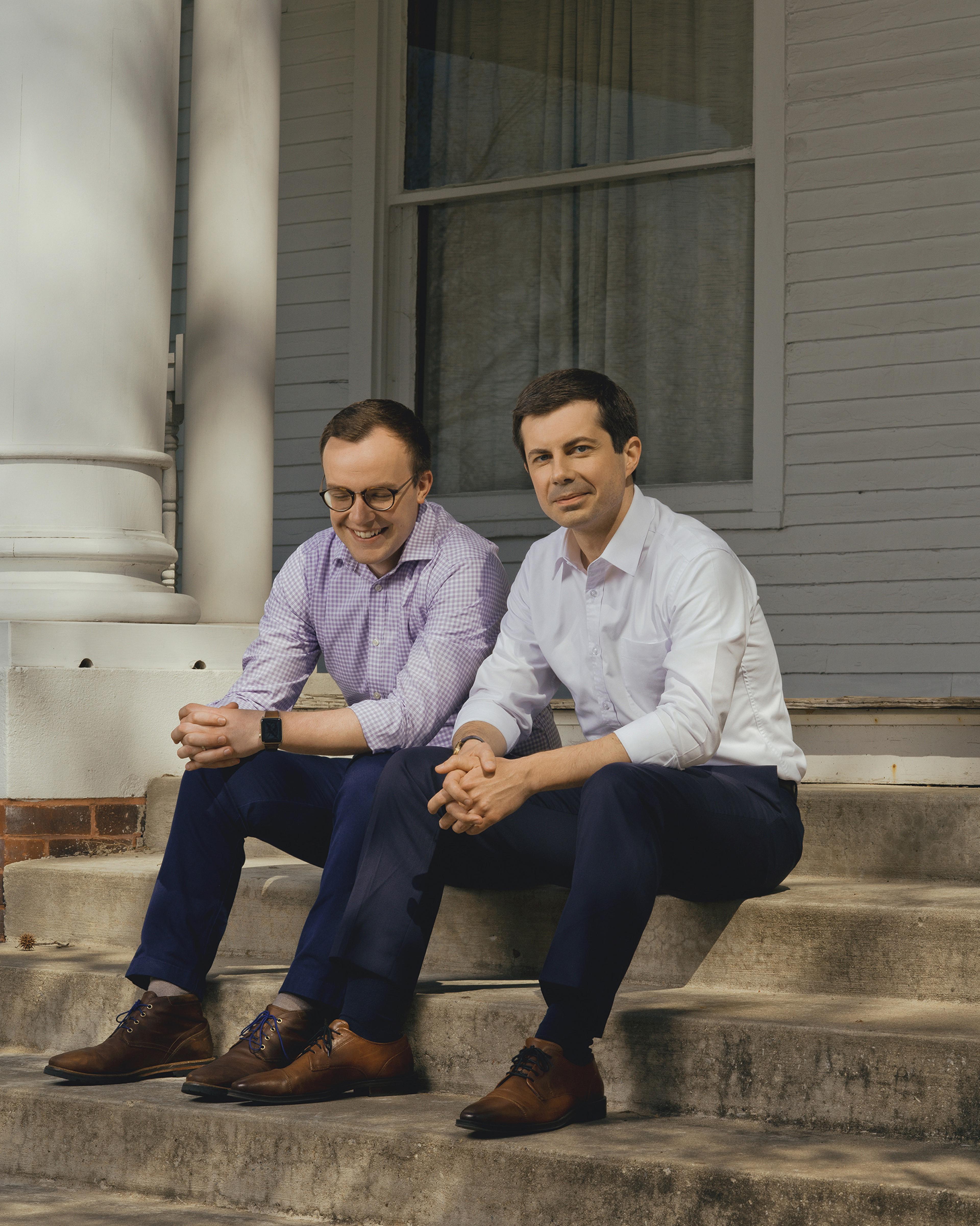 Chasten Glezman and Mayor Pete Buttigieg on the front steps of their home in South Bend, Ind.