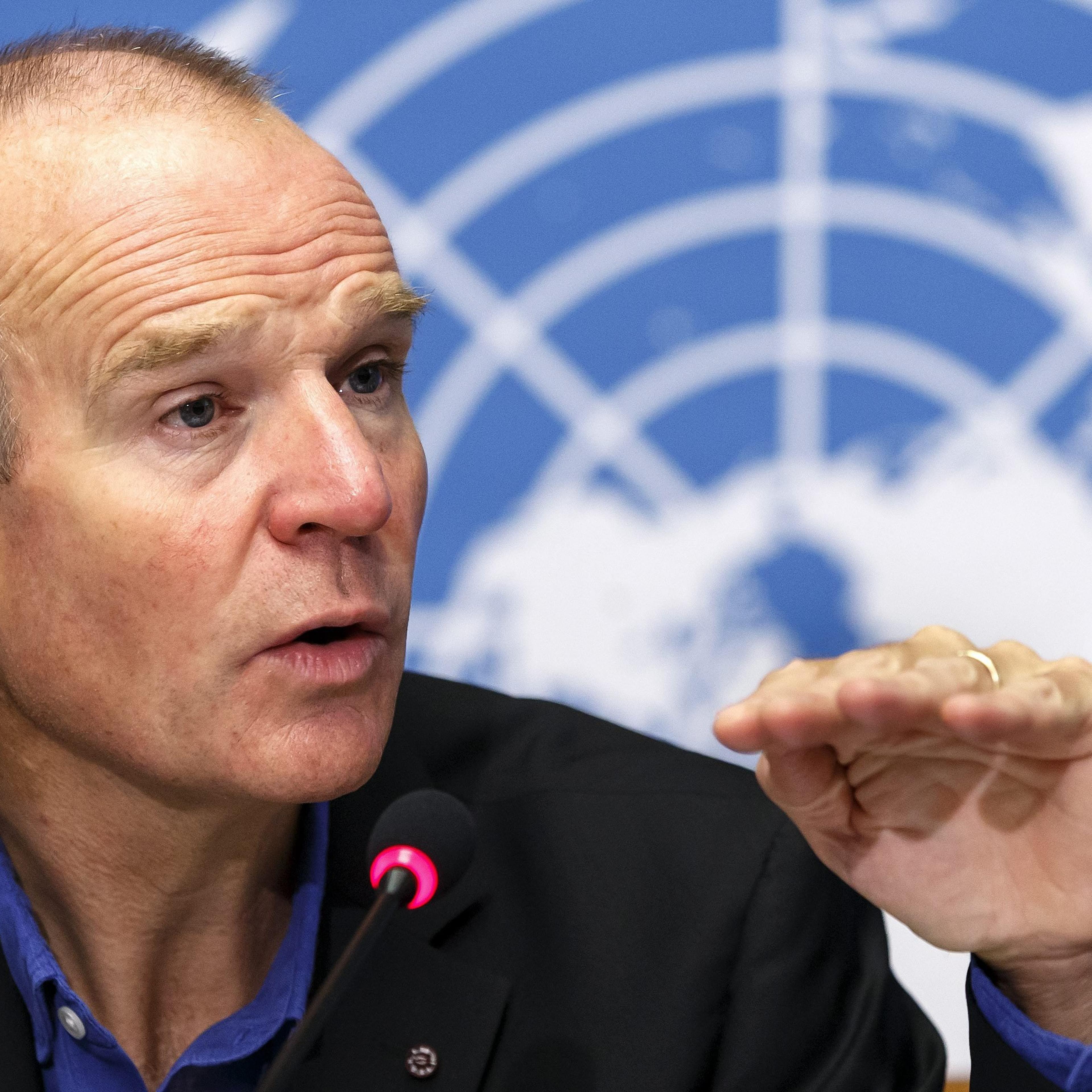 Christopher Dye, Director of Strategy of the World Health Organization speaks to the media about Ebola Virus Disease in West Africa, during a press conference, at the European headquarters of the United Nations in Geneva on Sept. 22, 2-14.