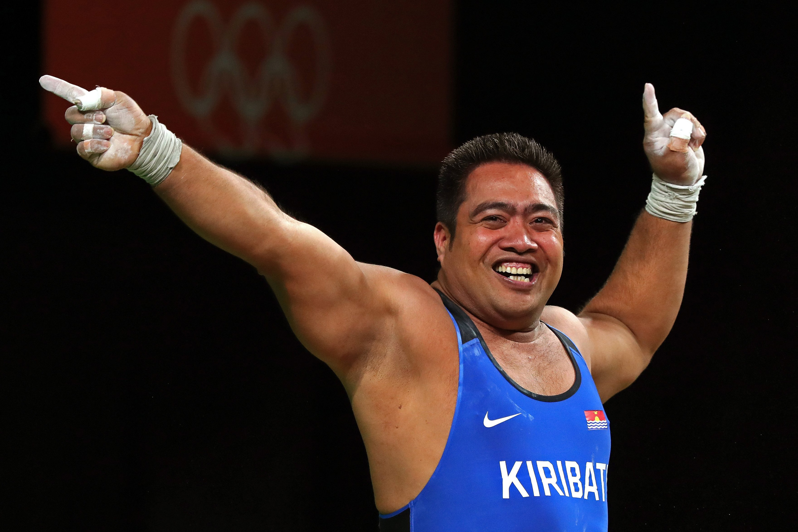 David Katoatau of Kiribati dances during the Men's 105kg Group B Weightlifting event on Day 10 of the Rio 2016 Olympic Games at Riocentro - Pavilion 2 in Rio de Janeiro on Aug. 15, 2016.
