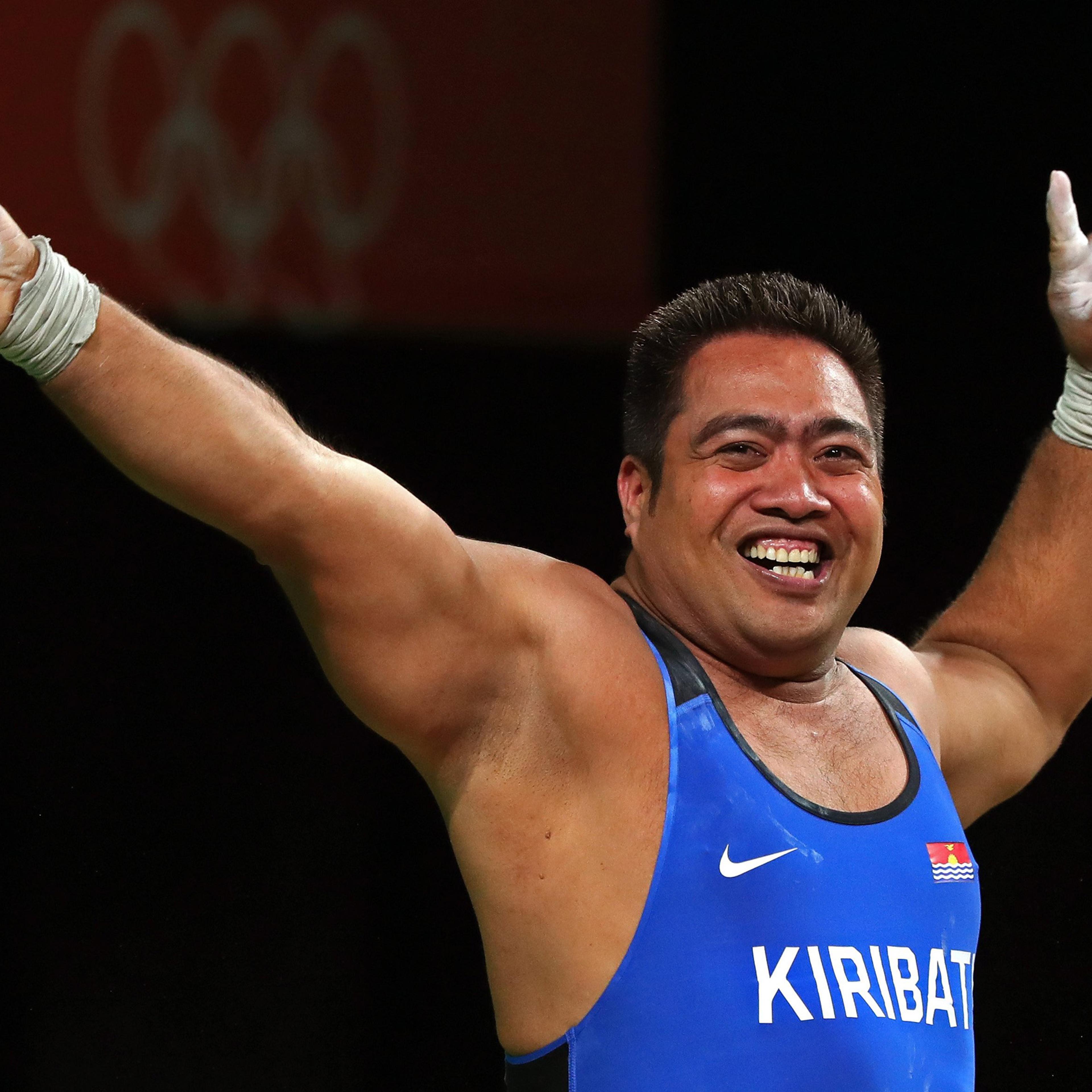 David Katoatau of Kiribati dances during the Men's 105kg Group B Weightlifting event on Day 10 of the Rio 2016 Olympic Games at Riocentro - Pavilion 2 in Rio de Janeiro on Aug. 15, 2016.