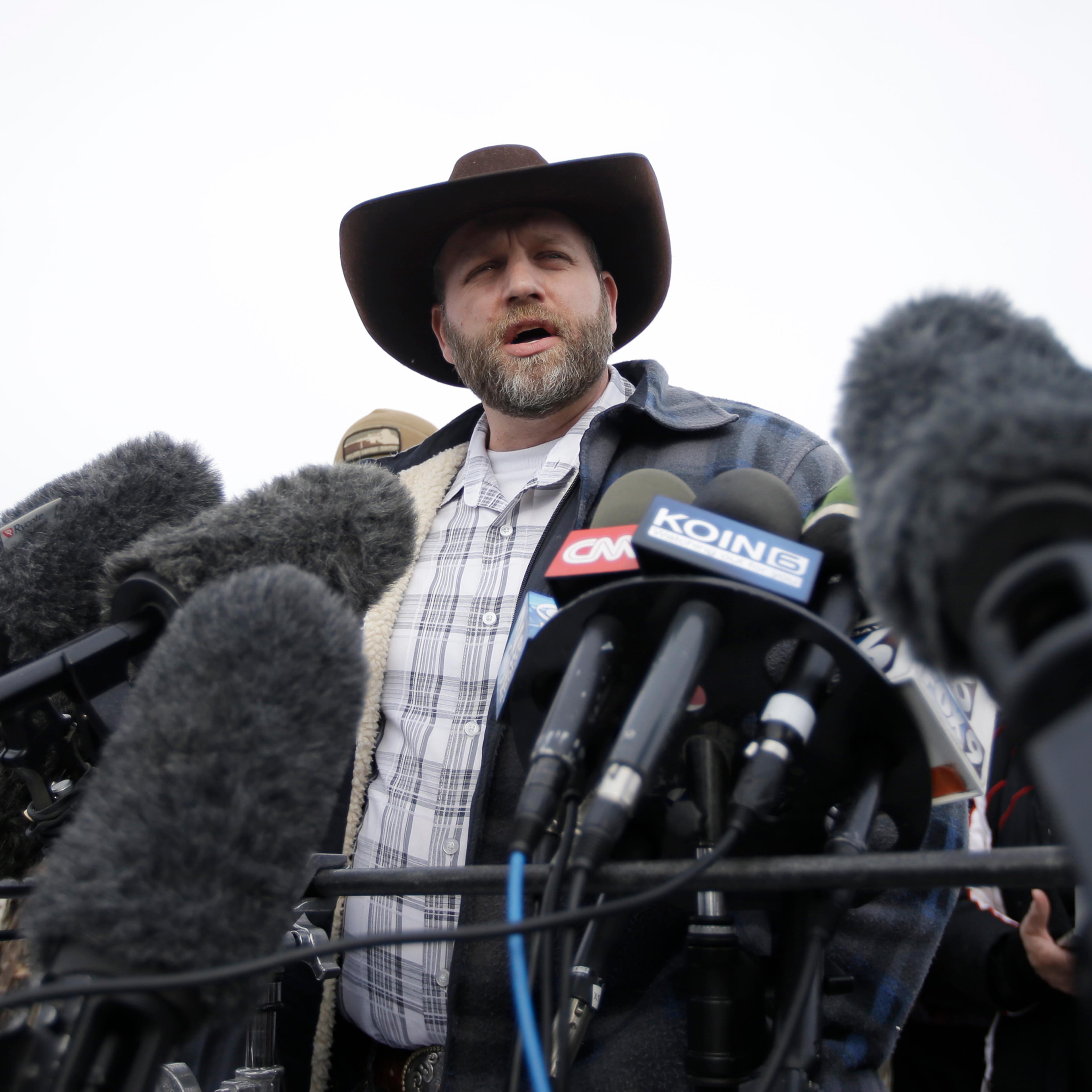 Ammon Bundy, one of the sons of Nevada rancher Cliven Bundy, speaks with reporters during a news conference at Malheur National Wildlife Refuge headquarters on Jan. 4, 2016, near Burns, Ore.