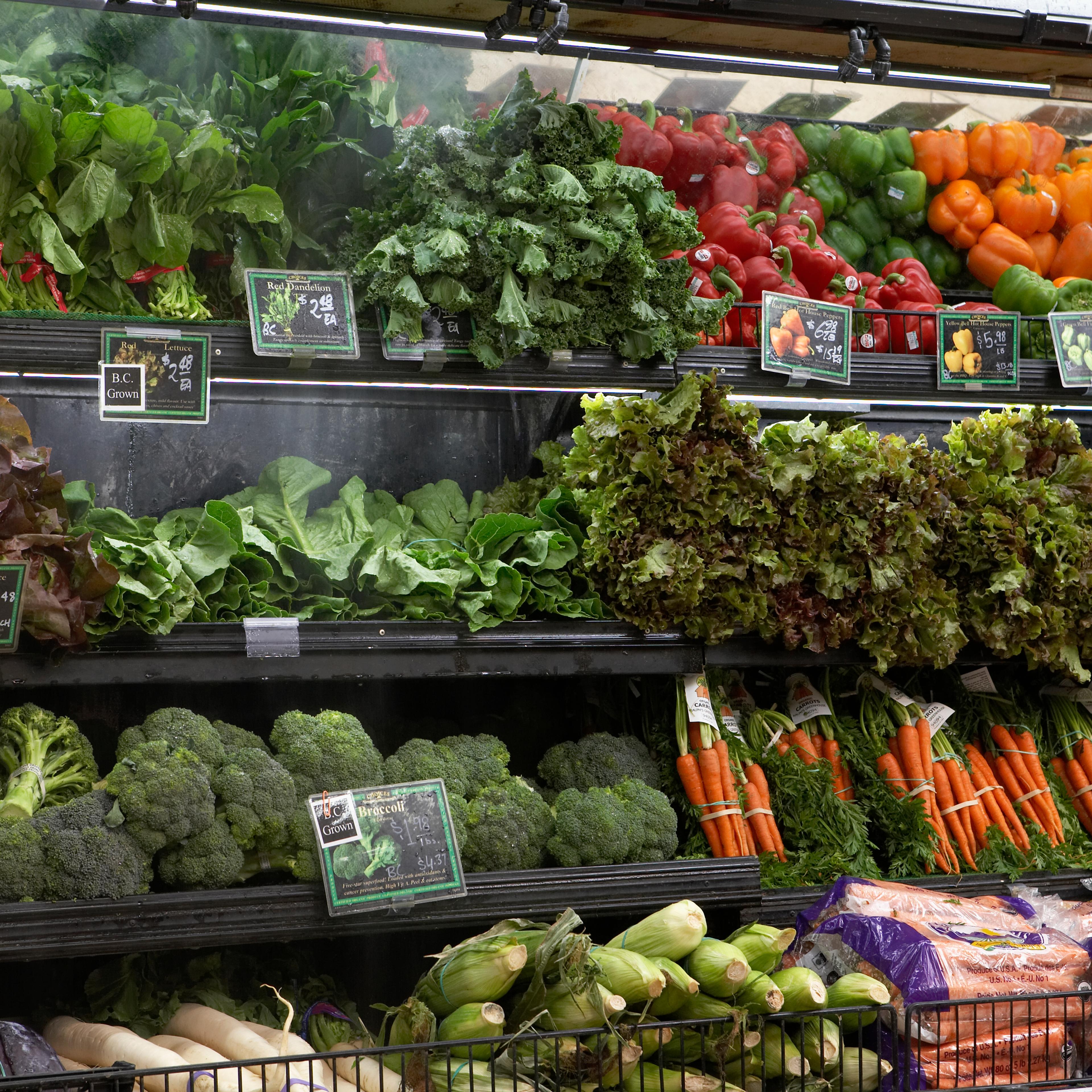 Produce aisle in supermarket, close-up