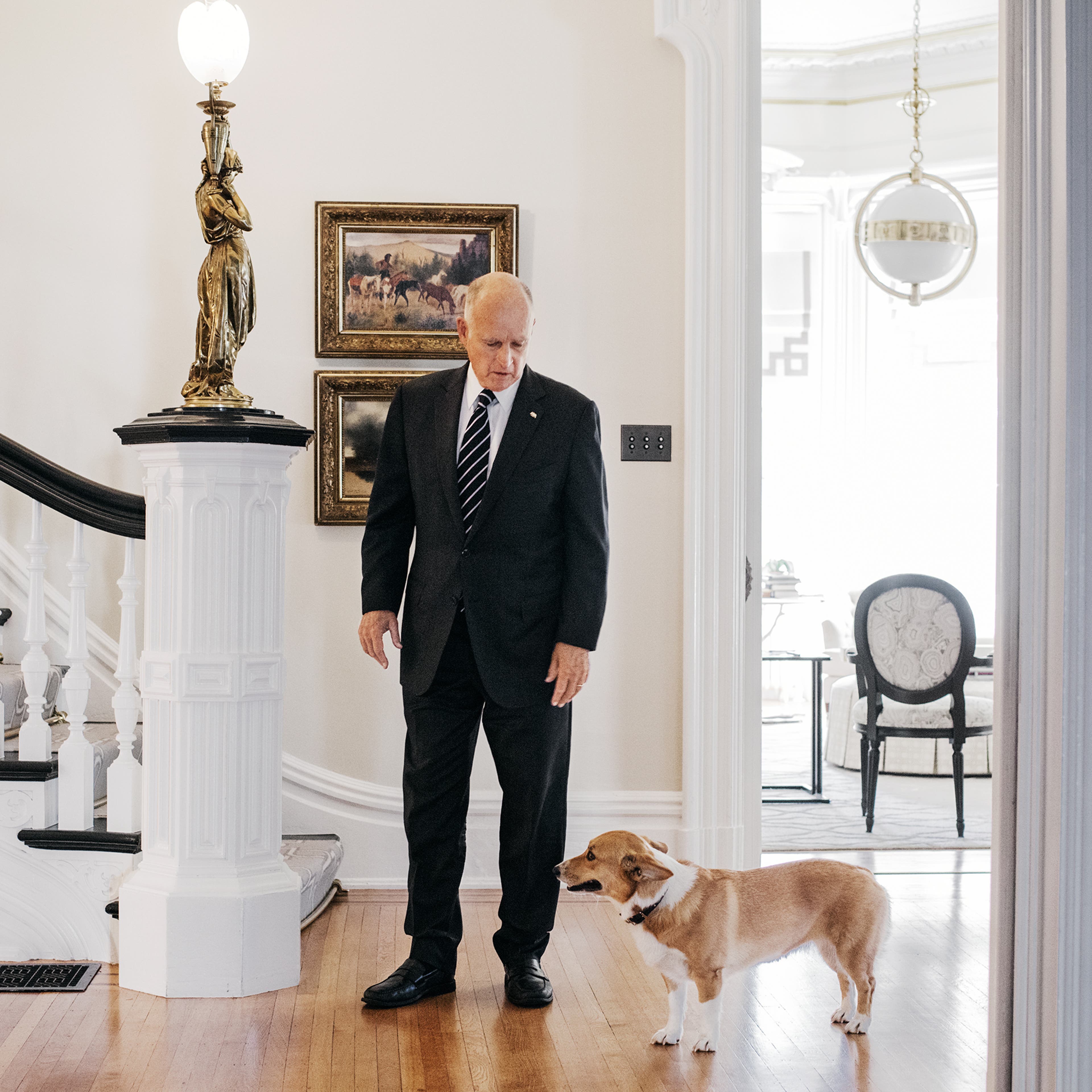 California Governor Jerry Brown, nearing the end of an unprecedented fourth term in office, stands in the governor’s mansion in Sacramento