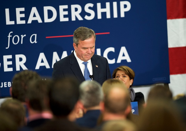 Jeb Bush reacts as he announces the suspension of his presidential campaign at an election night party at the Hilton Columbia Center in Columbia, SC on February 20, 2016.
