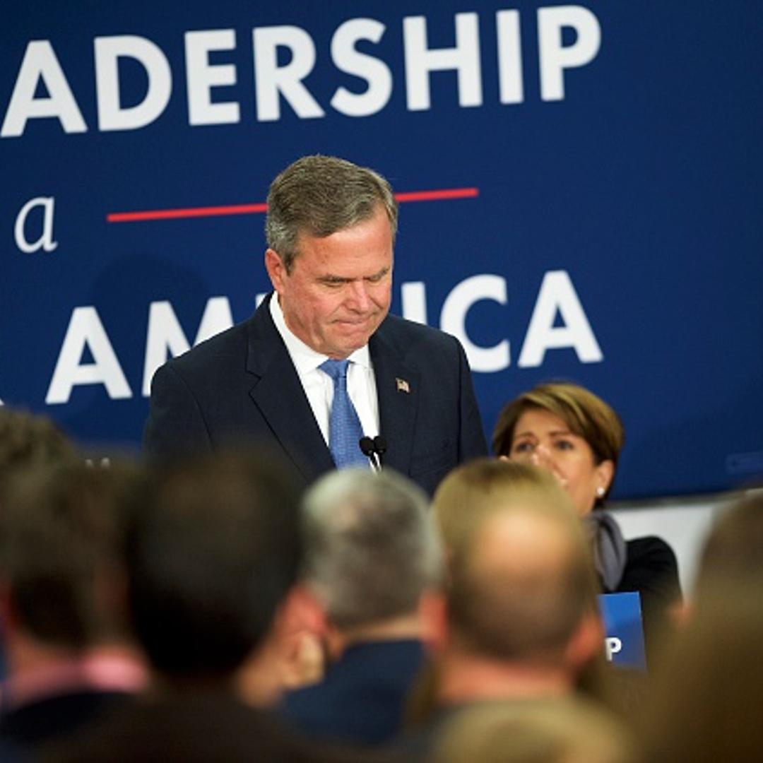 Jeb Bush reacts as he announces the suspension of his presidential campaign at an election night party at the Hilton Columbia Center in Columbia, SC on February 20, 2016.