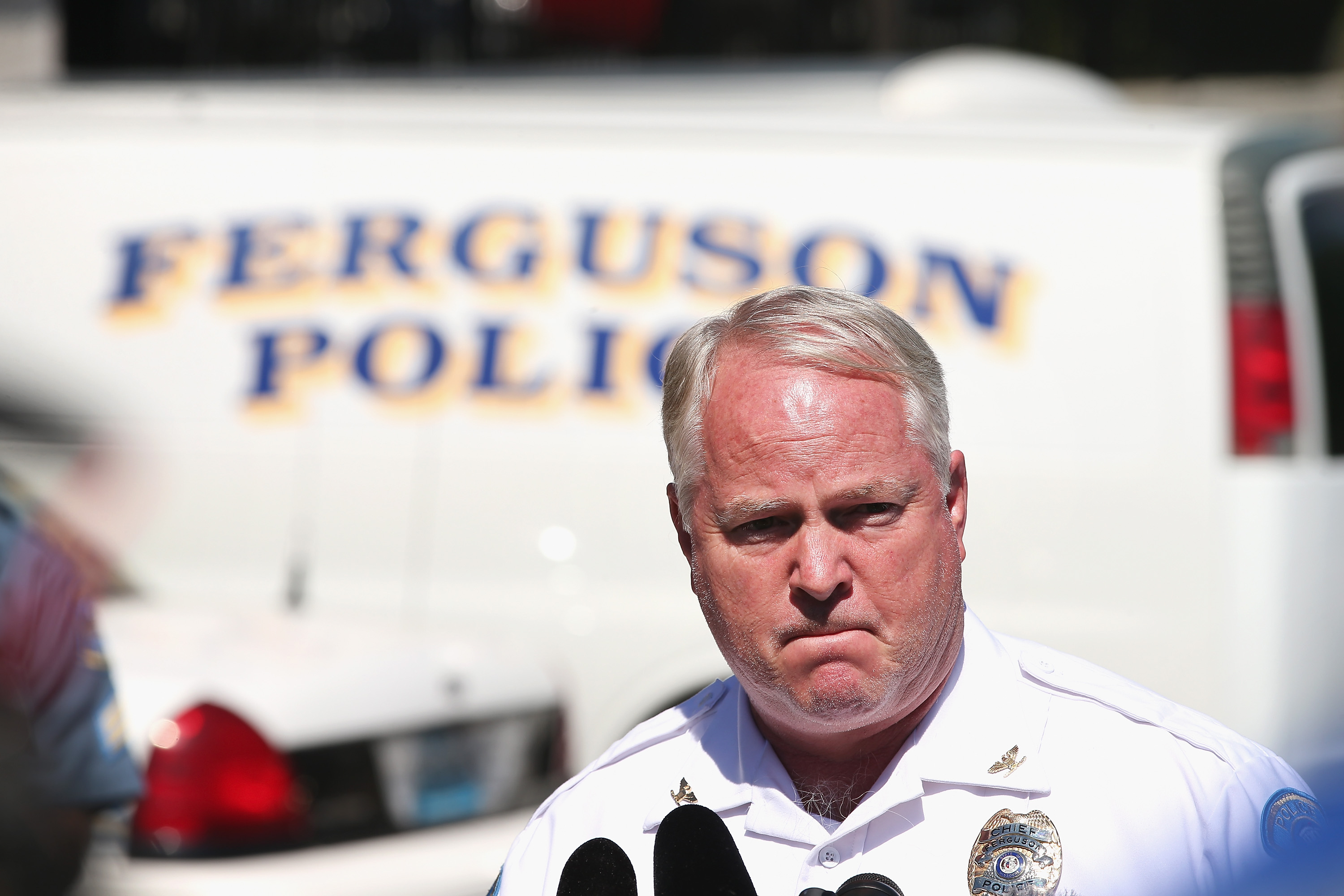 Police Chief Thomas Jackson fields questions related to the shooting death of teenager Michael Brown during a press conference on August 13, 2014 in Ferguson, Missouri.