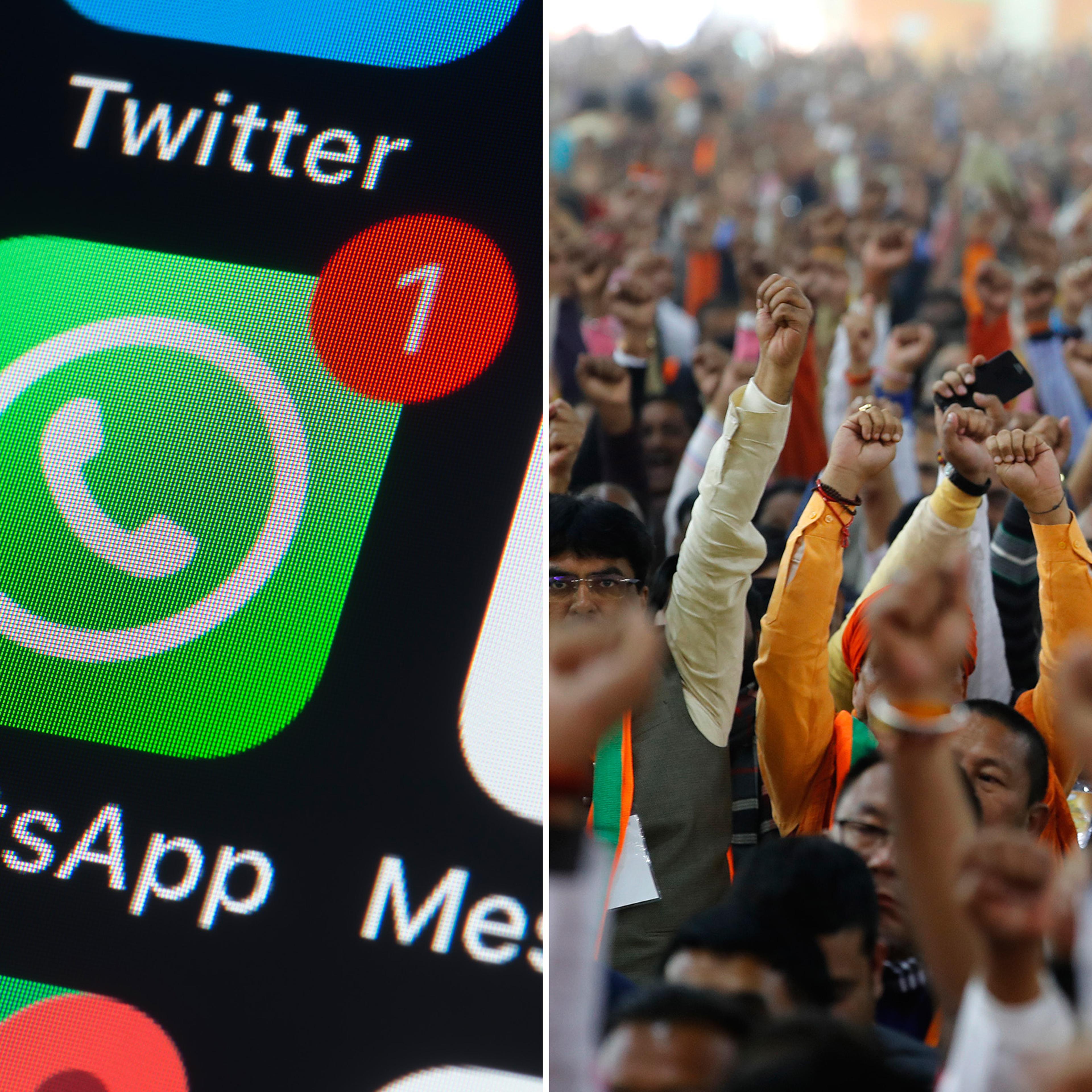 A plit image of the WhatsApp icon and Bharatiya Janata Party supporters shout slogans during the party's national convention in New Delhi