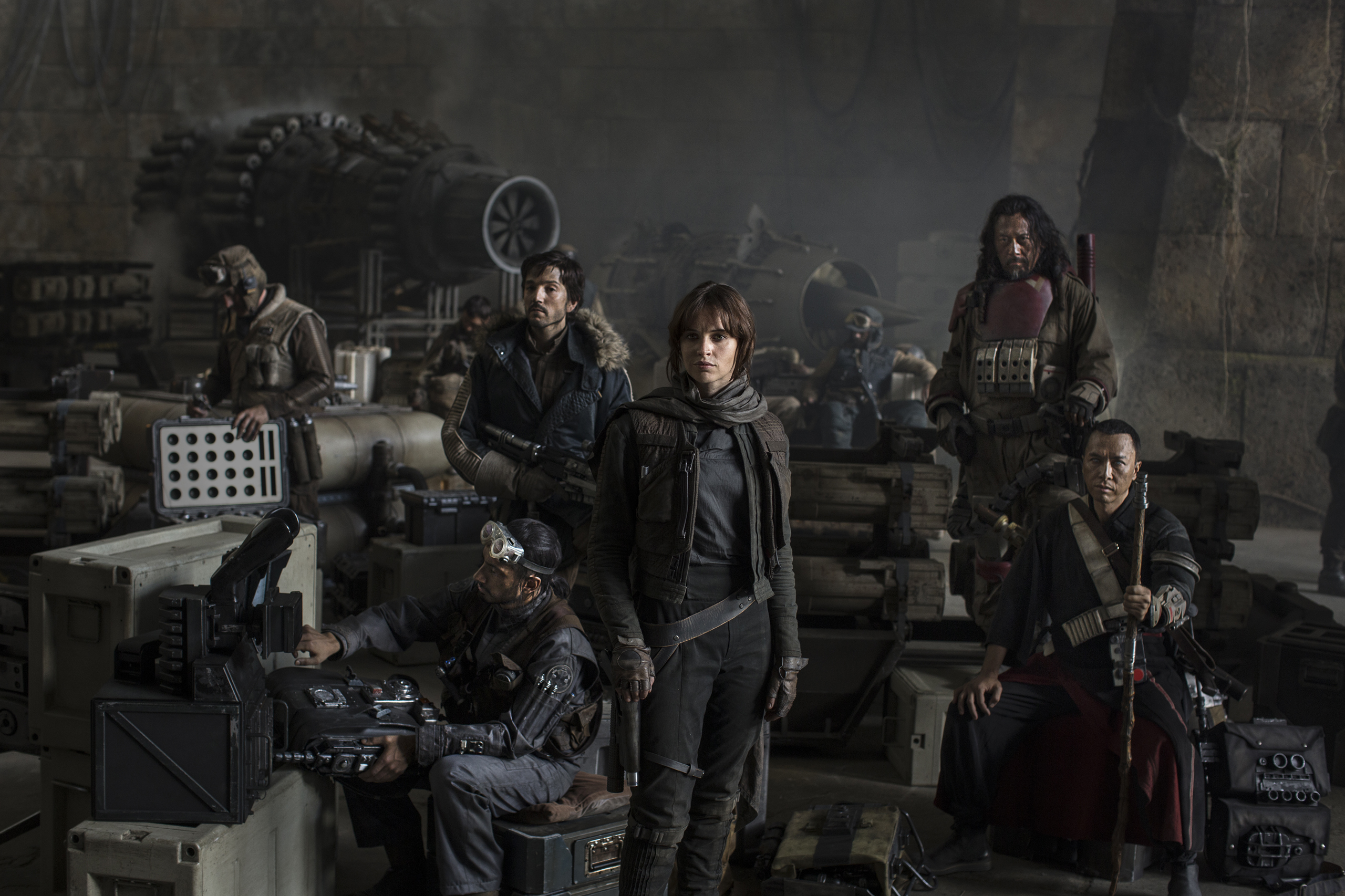 From left, Actors Riz Ahmed, Diego Luna, Felicity Jones, Jiang Wen and Donnie Yen.