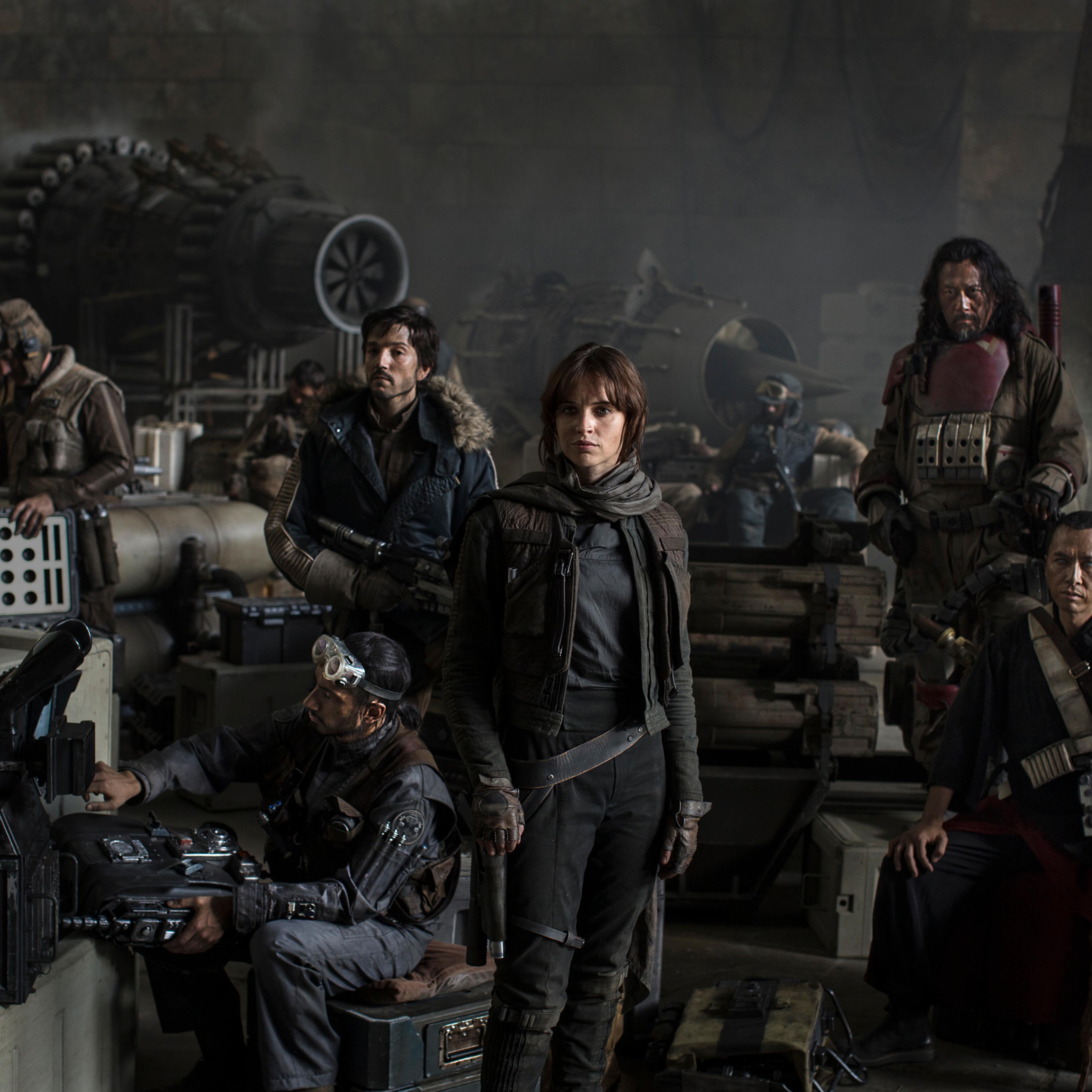 From left, Actors Riz Ahmed, Diego Luna, Felicity Jones, Jiang Wen and Donnie Yen.