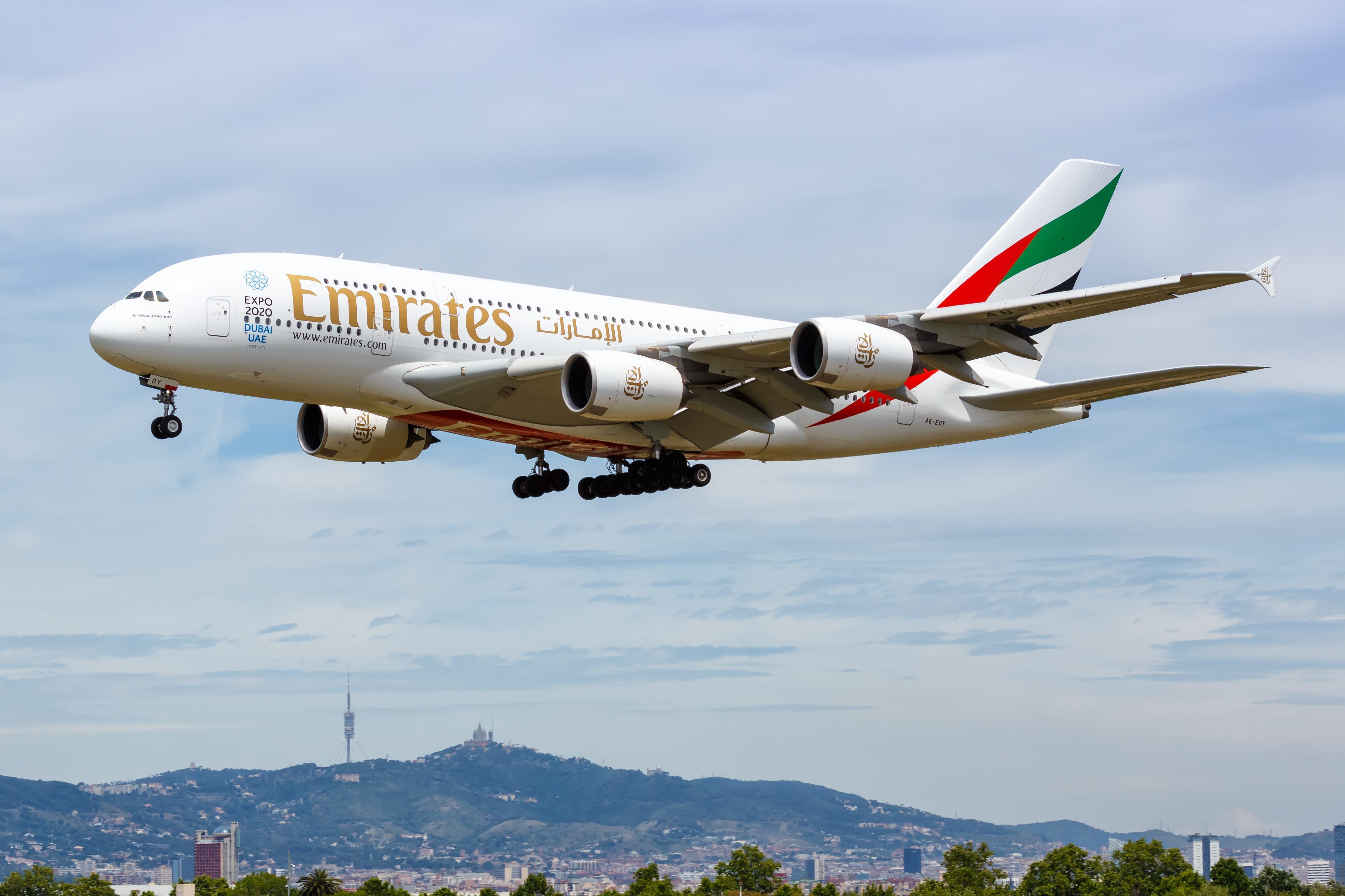 Emirates Airbus A380 airplane Barcelona airport