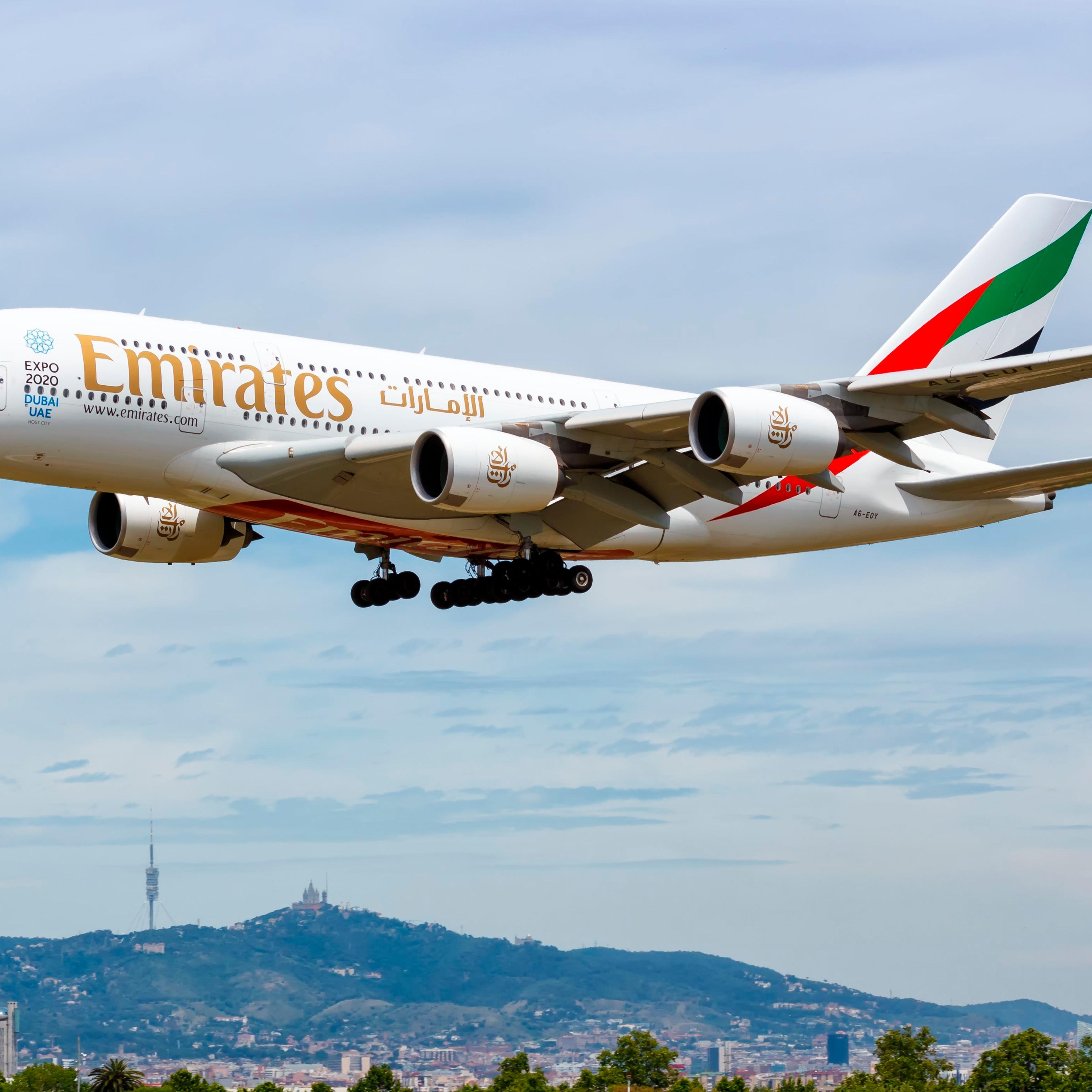 Emirates Airbus A380 airplane Barcelona airport