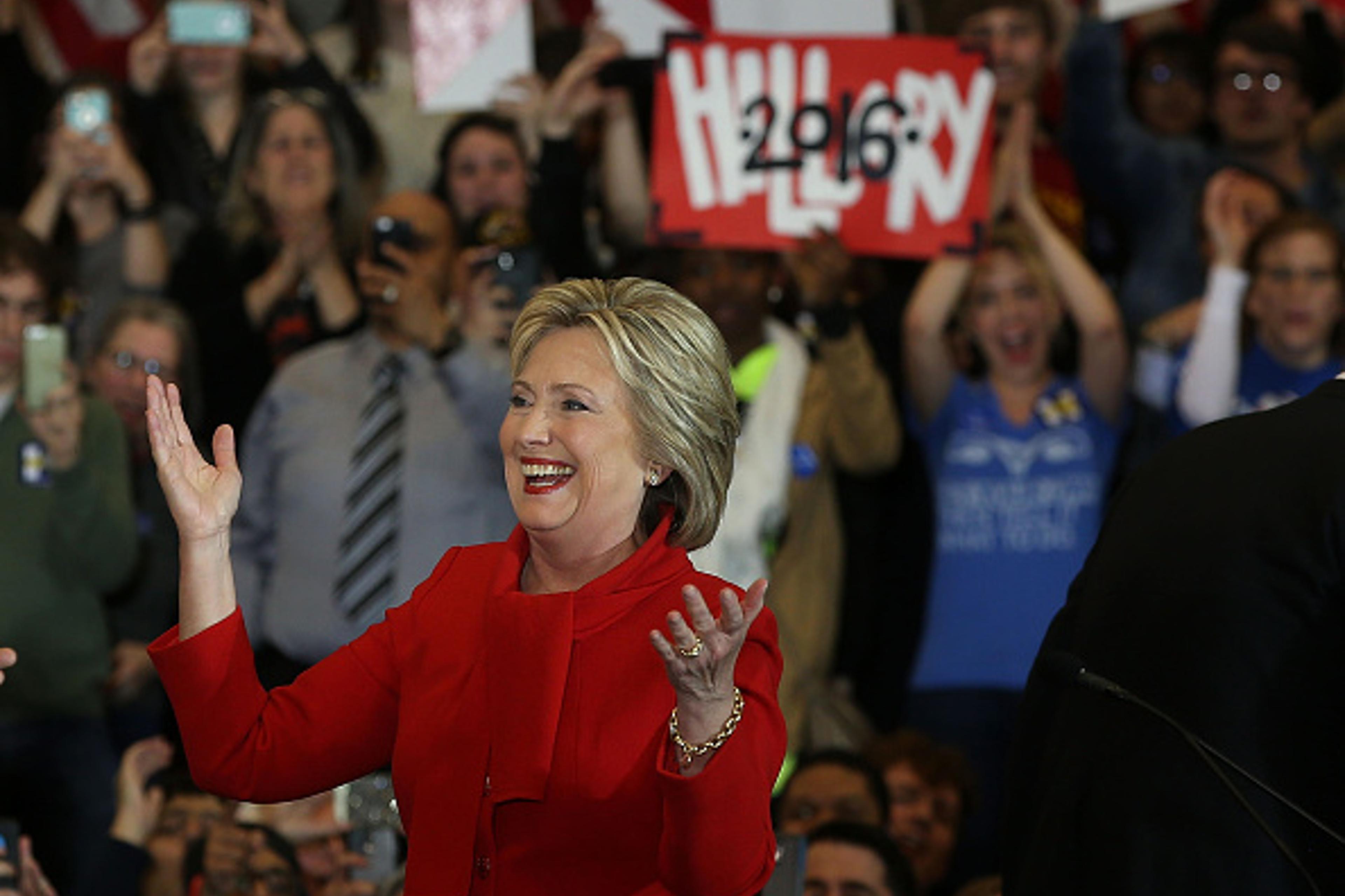 Democratic presidential candidate former Secretary of State Hillary Clinton greets supporters during her caucus night event in the Olmsted Center at Drake University in Des Moines, Iowa, on Feb. 1, 2016.