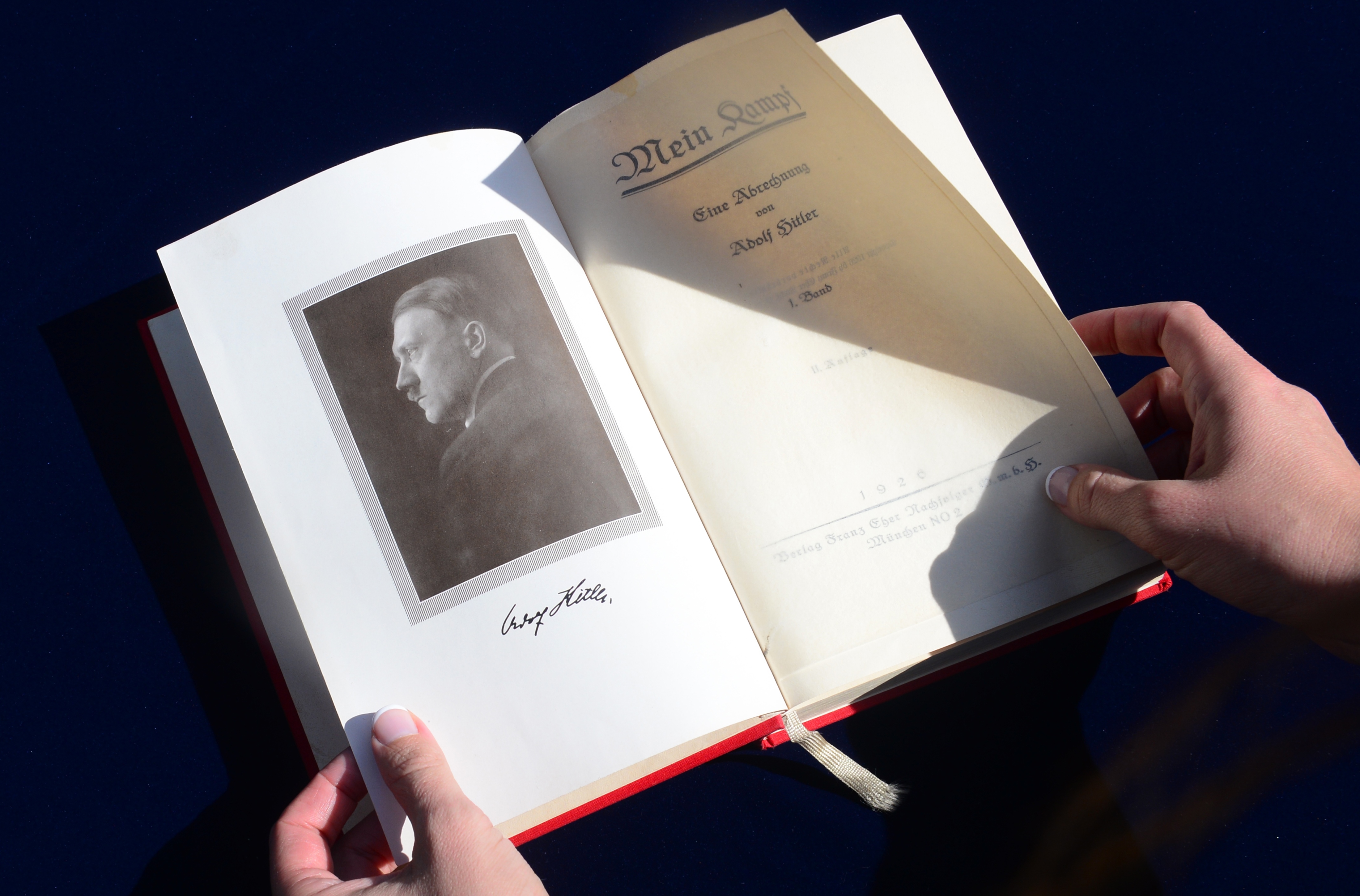 One of two rare copies of "Mein Kampf" signed by the young Nazi leader Adolf Hitler and due for auction, photographed in Los Angeles, California on February 25, 2014.